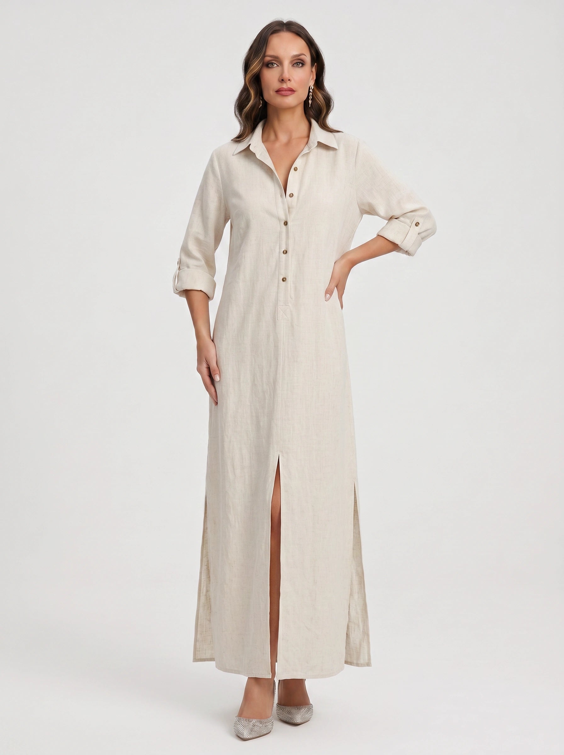 Linfair Linen Button Down Maxi Dress – Women Collared Shirt Dress Casual Relaxed Fit Side Slit Maxi Dress