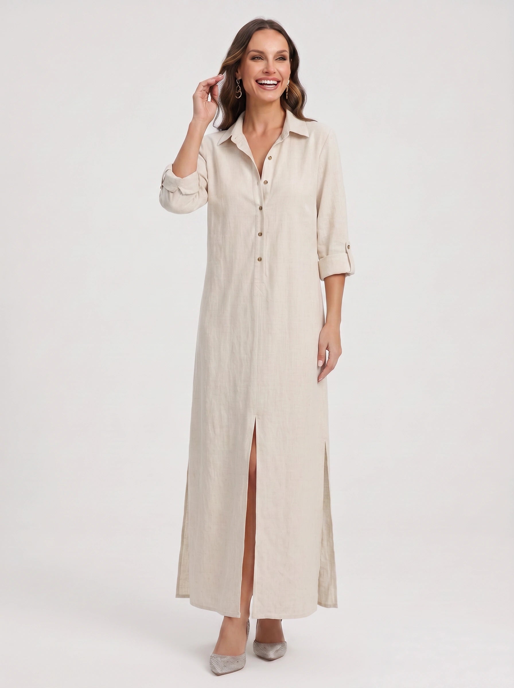 Linfair Linen Button Down Maxi Dress – Women Collared Shirt Dress Casual Relaxed Fit Side Slit Maxi Dress