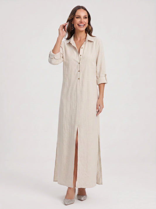 Linfair Linen Button Down Maxi Dress – Women Collared Shirt Dress Casual Relaxed Fit Side Slit Maxi Dress
