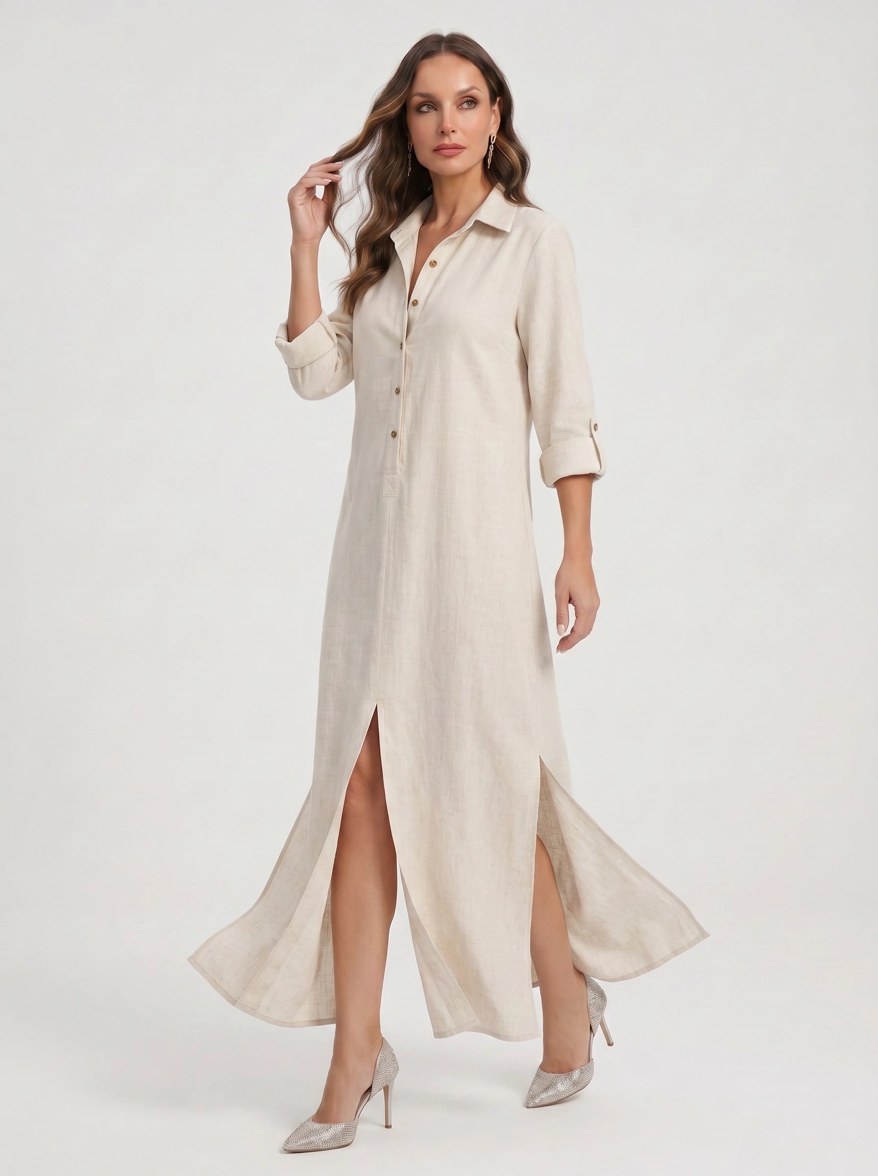 Linfair Linen Button Down Maxi Dress – Women Collared Shirt Dress Casual Relaxed Fit Side Slit Maxi Dress