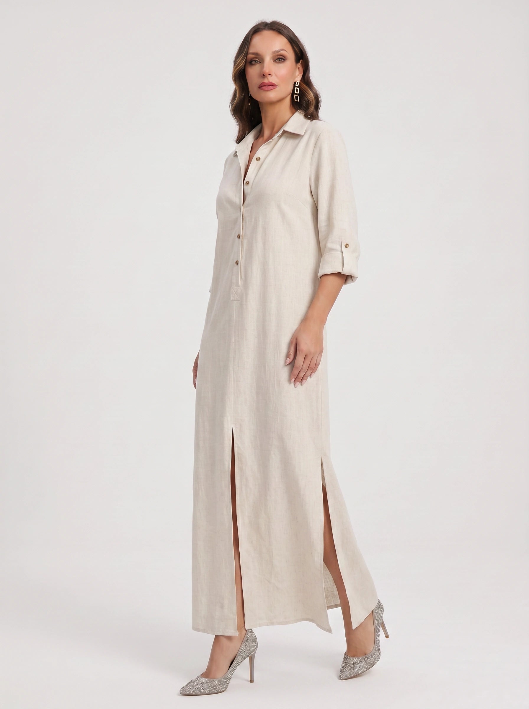 Linfair Linen Button Down Maxi Dress – Women Collared Shirt Dress Casual Relaxed Fit Side Slit Maxi Dress