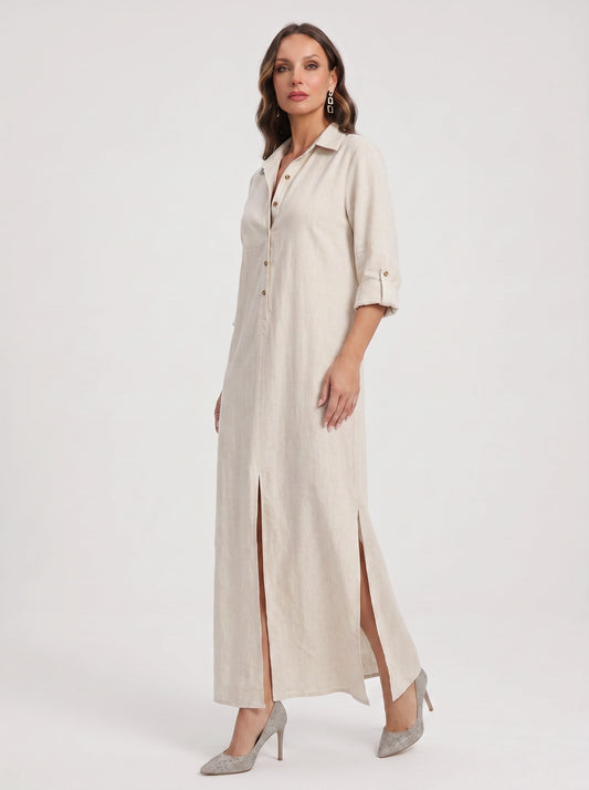 Linfair Linen Button Down Maxi Dress – Women Collared Shirt Dress Casual Relaxed Fit Side Slit Maxi Dress