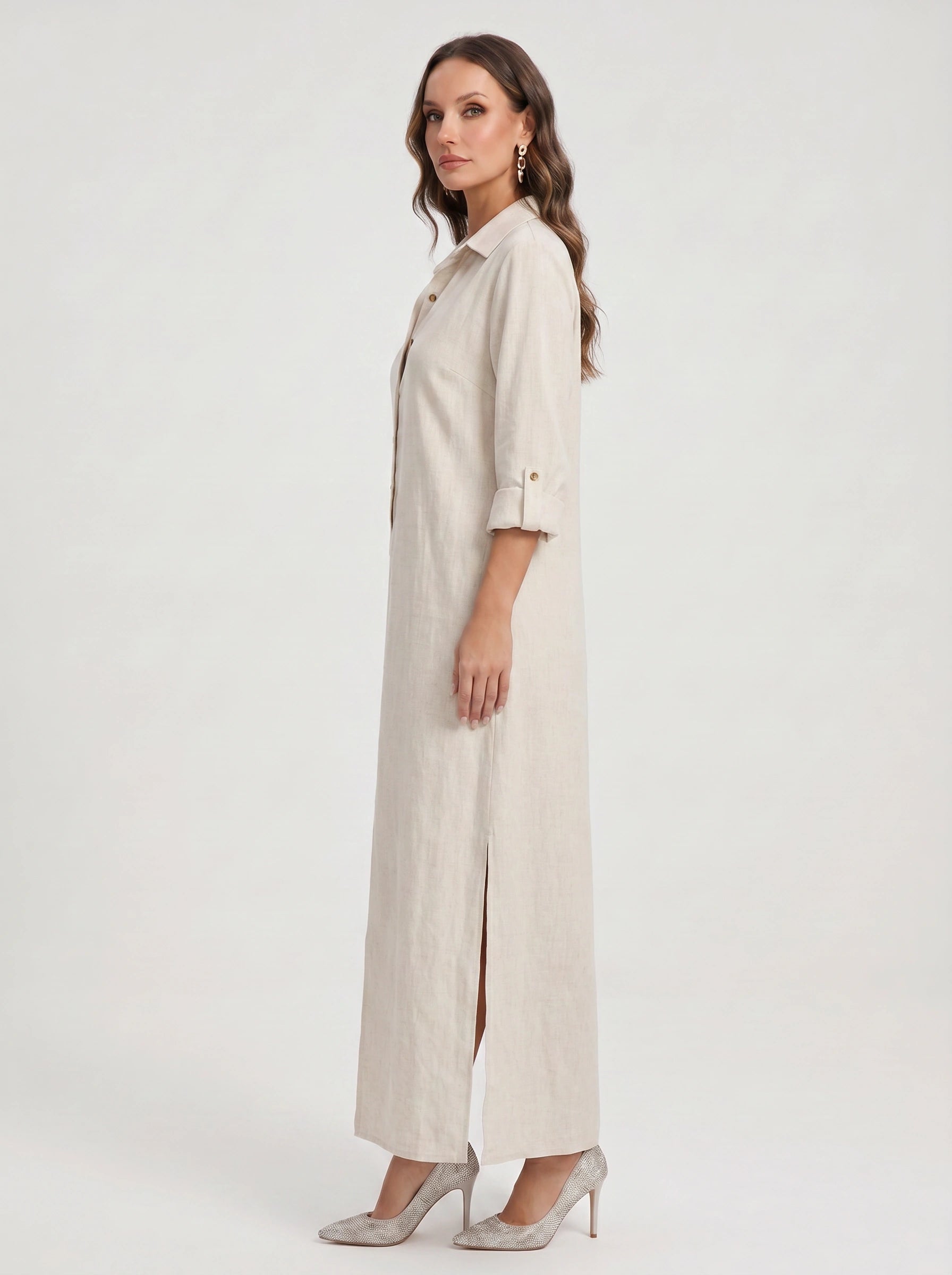 Linfair Linen Button Down Maxi Dress – Women Collared Shirt Dress Casual Relaxed Fit Side Slit Maxi Dress