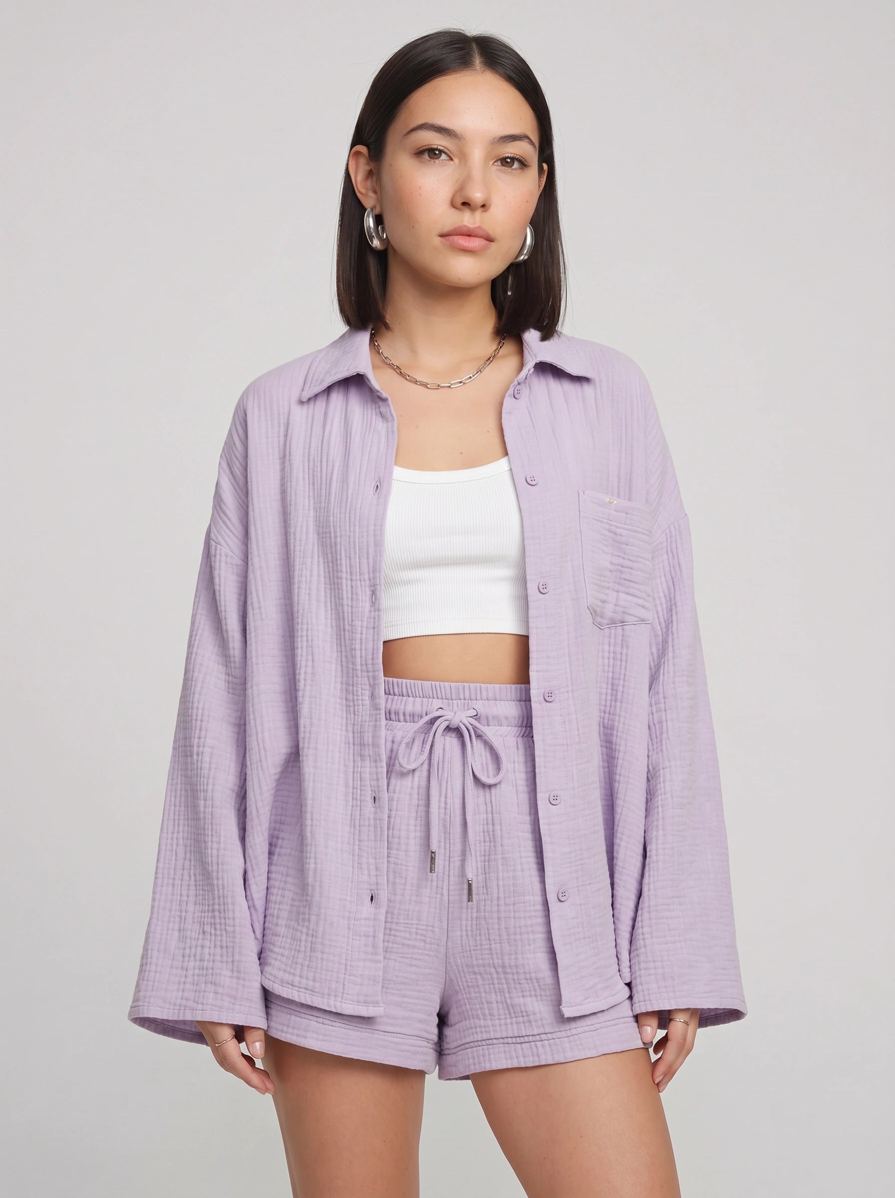 Fuchira Oversized Button-Up Loungewear Set – Two Piece Sets Women Matching Shorts Lounge Sets Casual Streetwear