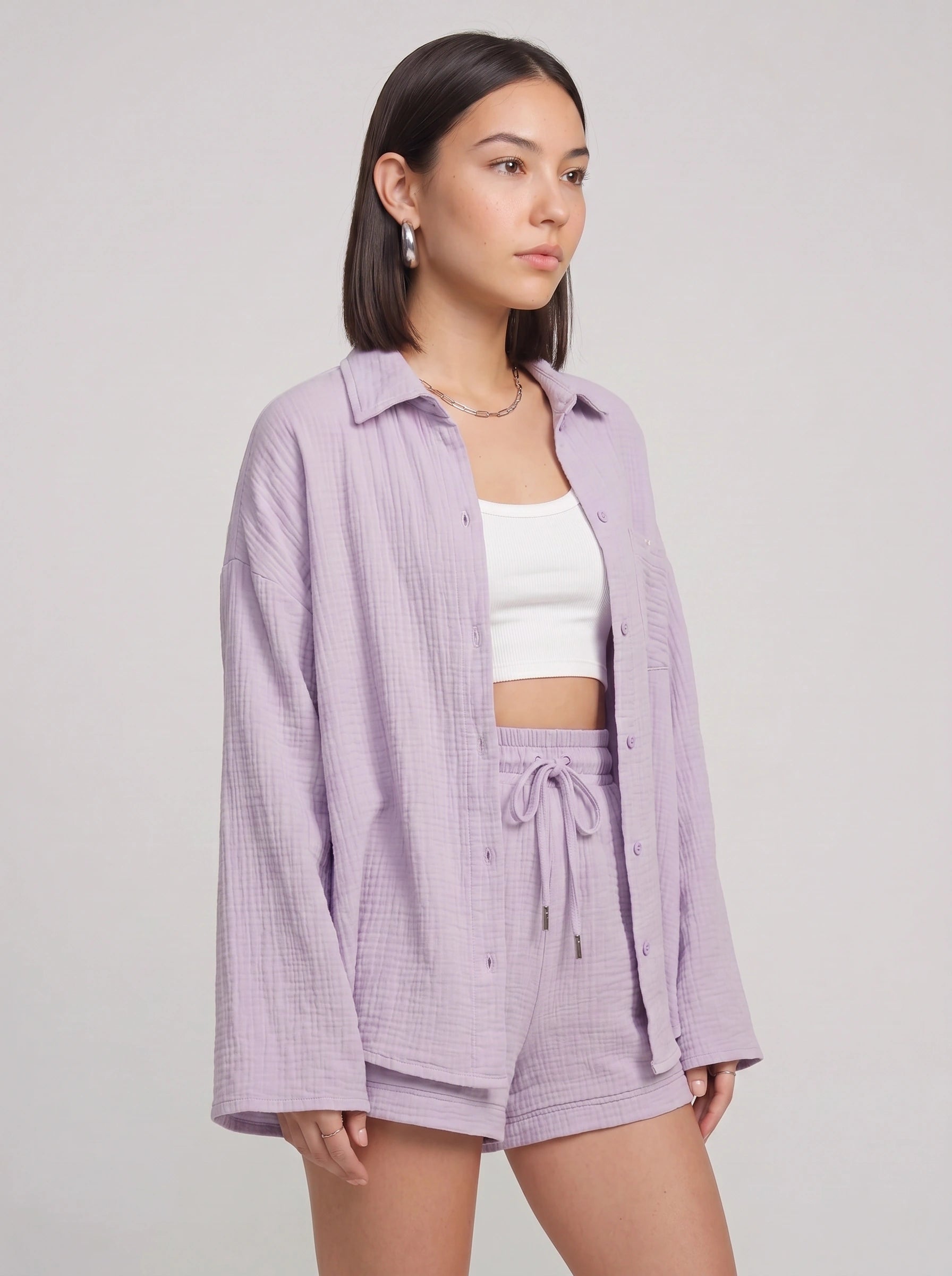 Fuchira Oversized Button-Up Loungewear Set – Two Piece Sets Women Matching Shorts Lounge Sets Casual Streetwear