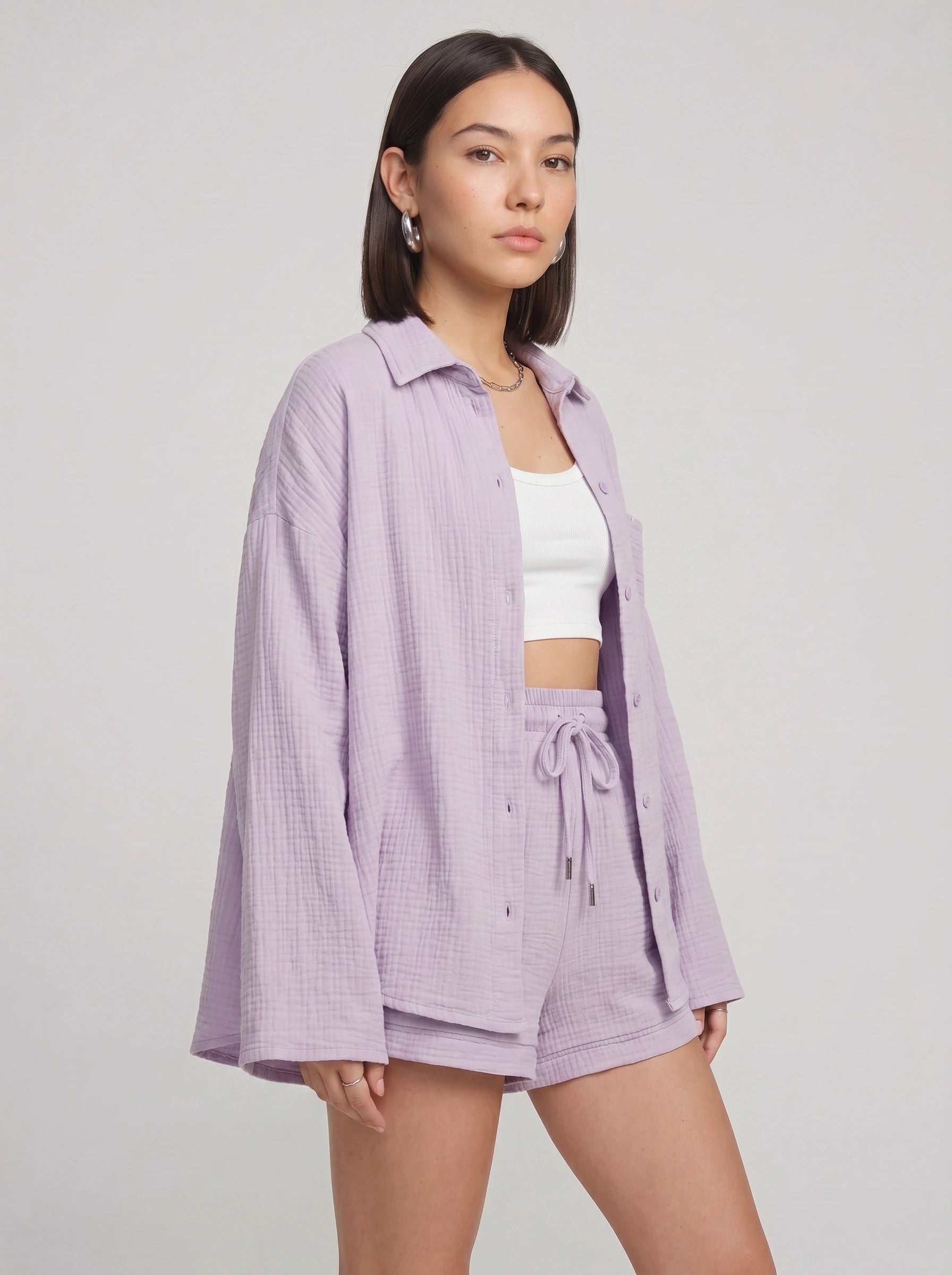Fuchira Oversized Button-Up Loungewear Set – Two Piece Sets Women Matching Shorts Lounge Sets Casual Streetwear