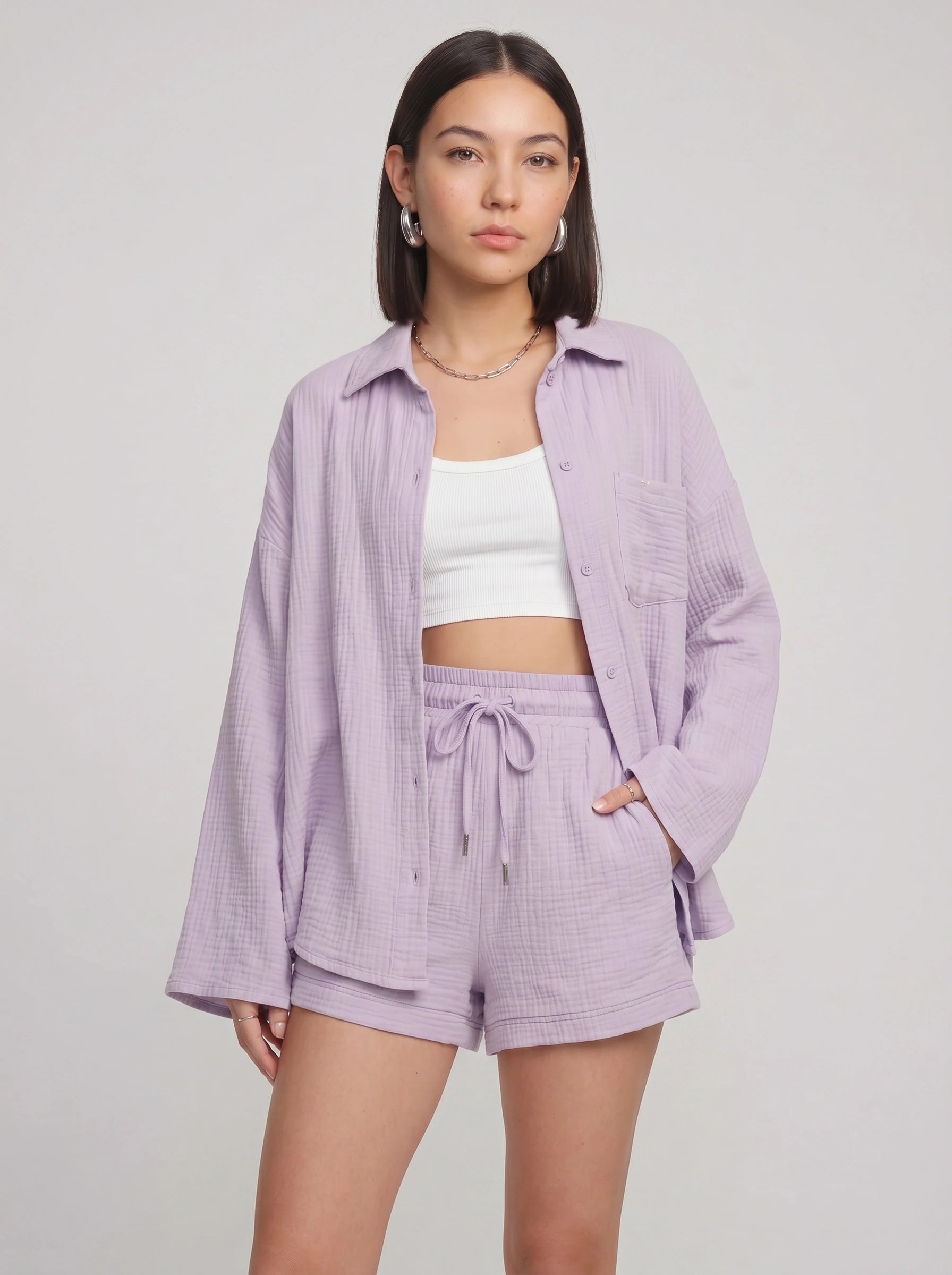 Fuchira Oversized Button-Up Loungewear Set – Two Piece Sets Women Matching Shorts Lounge Sets Casual Streetwear