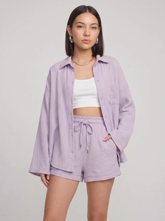 Fuchira Oversized Button-Up Loungewear Set – Two Piece Sets Women Matching Shorts Lounge Sets Casual Streetwear