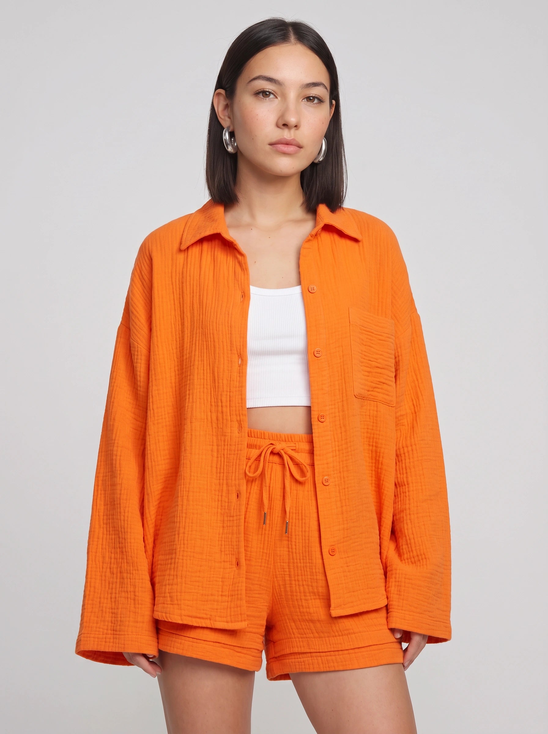 Fuchira Oversized Button-Up Loungewear Set – Two Piece Sets Women Matching Shorts Lounge Sets Casual Streetwear