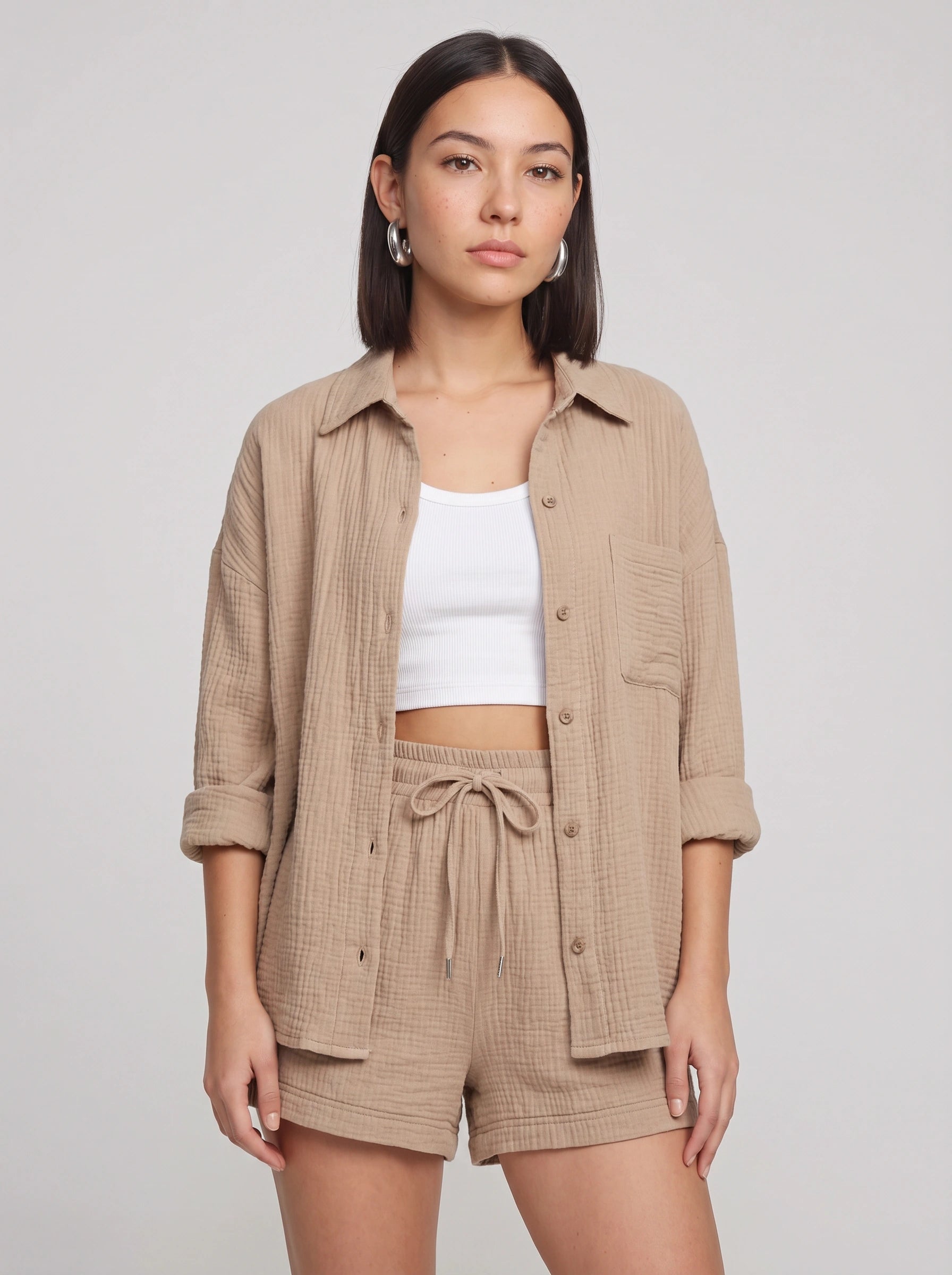 Fuchira Oversized Button-Up Loungewear Set – Two Piece Sets Women Matching Shorts Lounge Sets Casual Streetwear