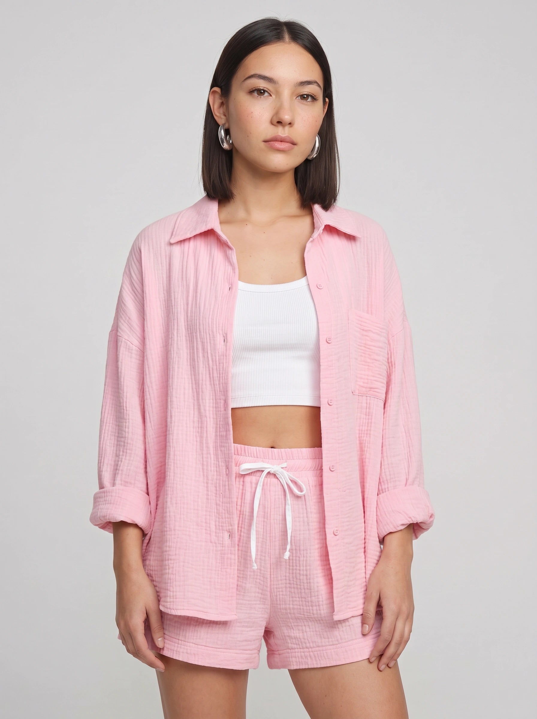 Fuchira Oversized Button-Up Loungewear Set – Two Piece Sets Women Matching Shorts Lounge Sets Casual Streetwear