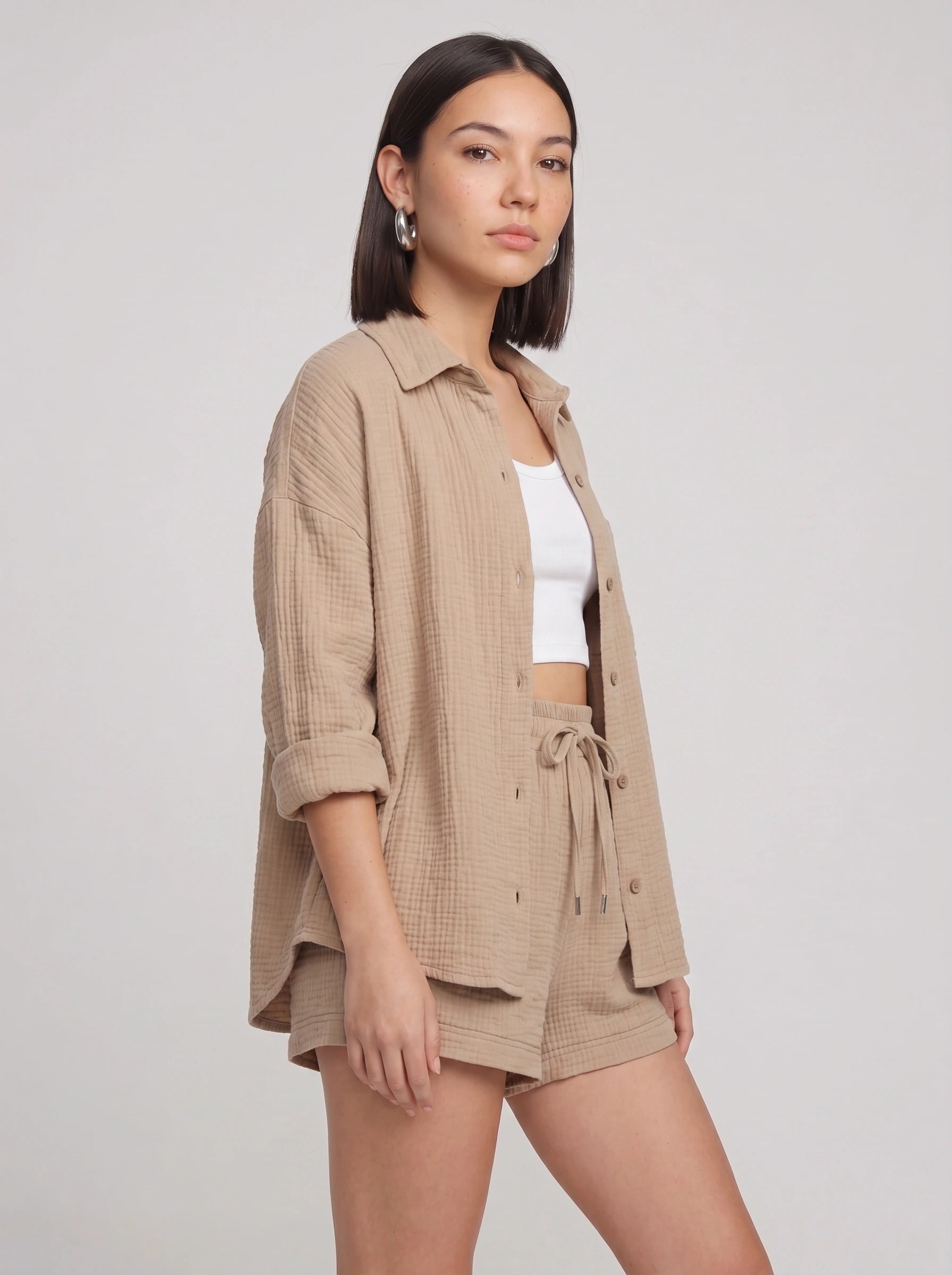 Fuchira Oversized Button-Up Loungewear Set – Two Piece Sets Women Matching Shorts Lounge Sets Casual Streetwear