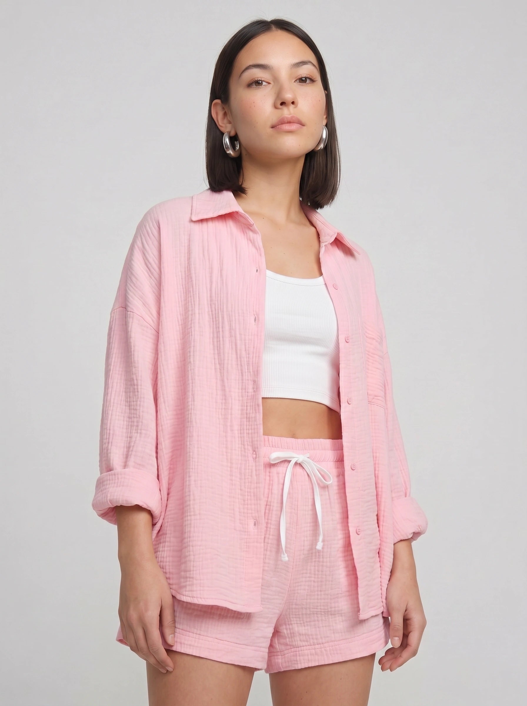 Fuchira Oversized Button-Up Loungewear Set – Two Piece Sets Women Matching Shorts Lounge Sets Casual Streetwear