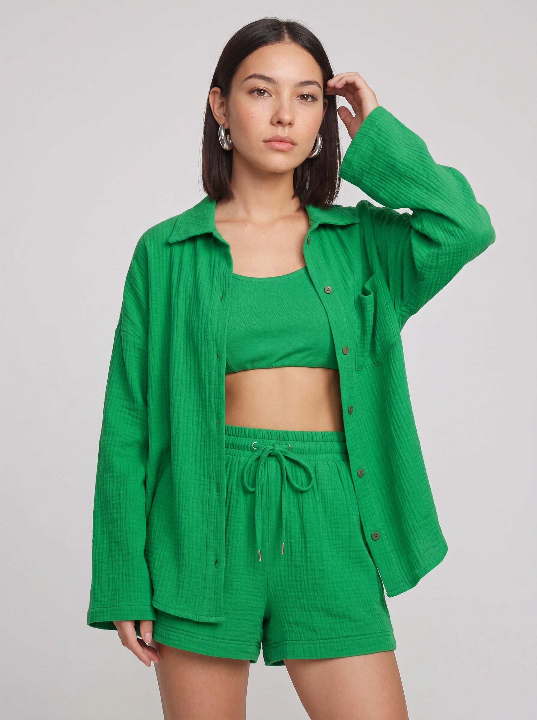 Fuchira Oversized Button-Up Loungewear Set – Two Piece Sets Women Matching Shorts Lounge Sets Casual Streetwear