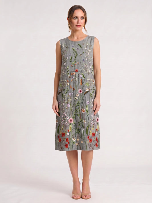 Pratoflor Embroidered Sleeveless Midi Dress – Floral Linen Blend Women Cocktail Formal Wedding Guest