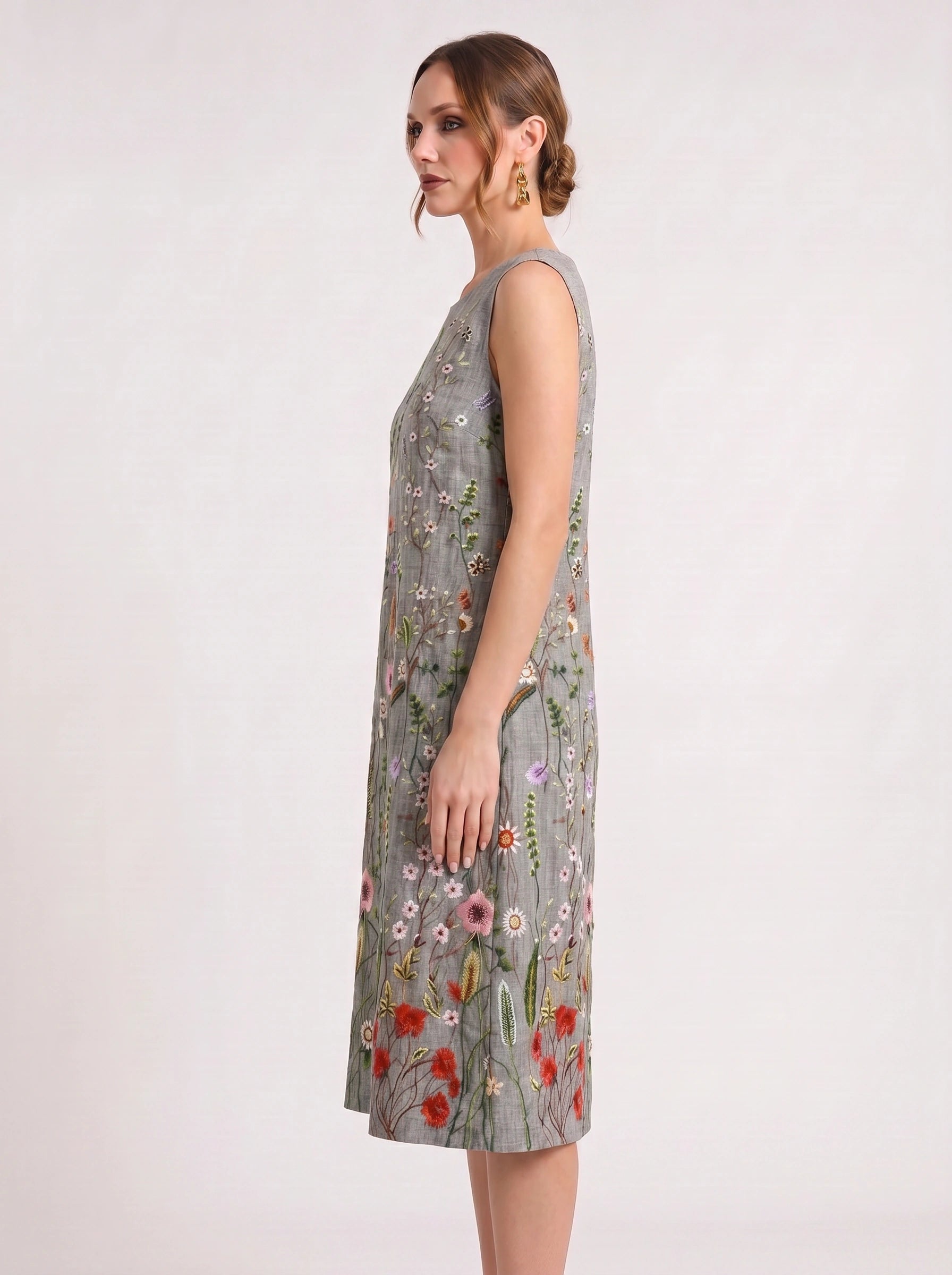 Pratoflor Embroidered Sleeveless Midi Dress – Floral Linen Blend Women Cocktail Formal Wedding Guest