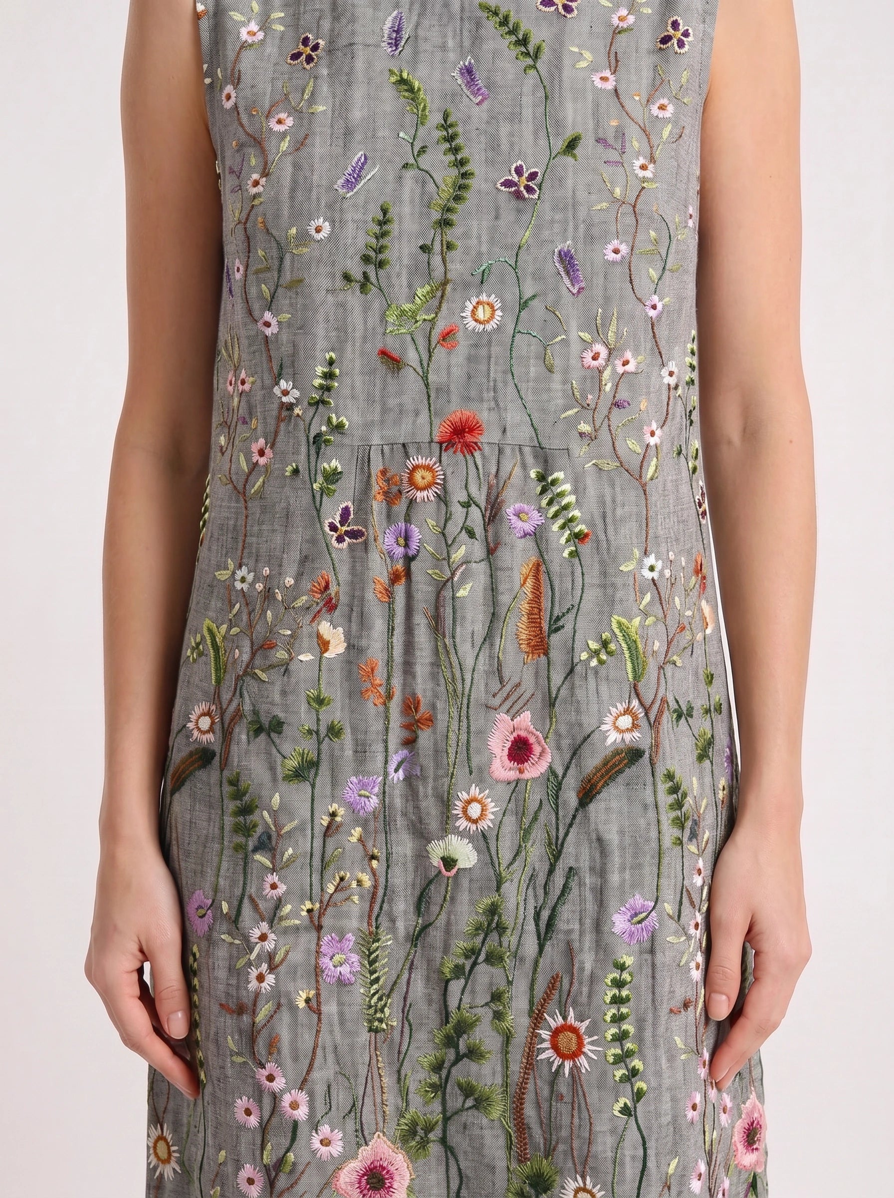Pratoflor Embroidered Sleeveless Midi Dress – Floral Linen Blend Women Cocktail Formal Wedding Guest