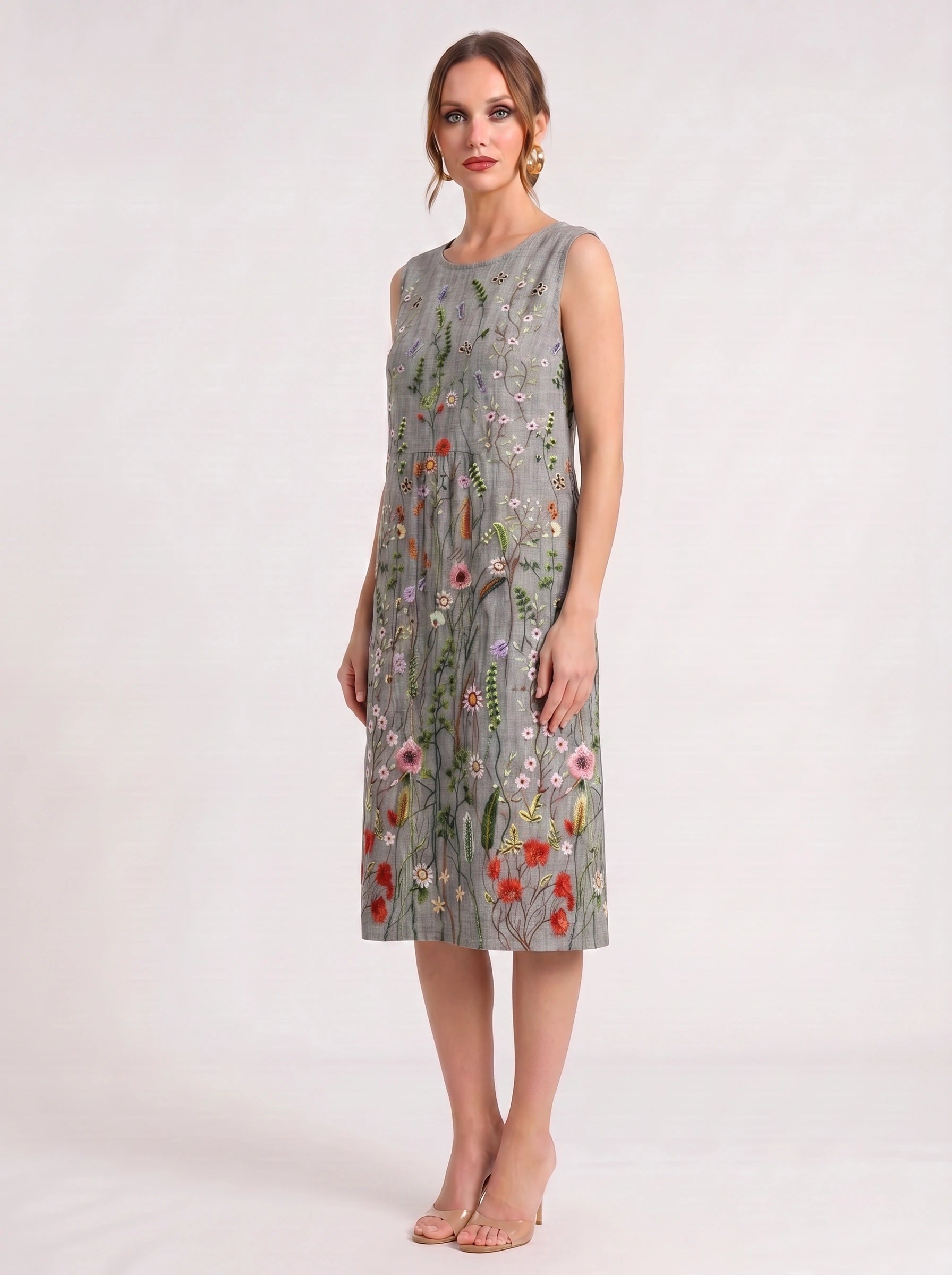 Pratoflor Embroidered Sleeveless Midi Dress – Floral Linen Blend Women Cocktail Formal Wedding Guest