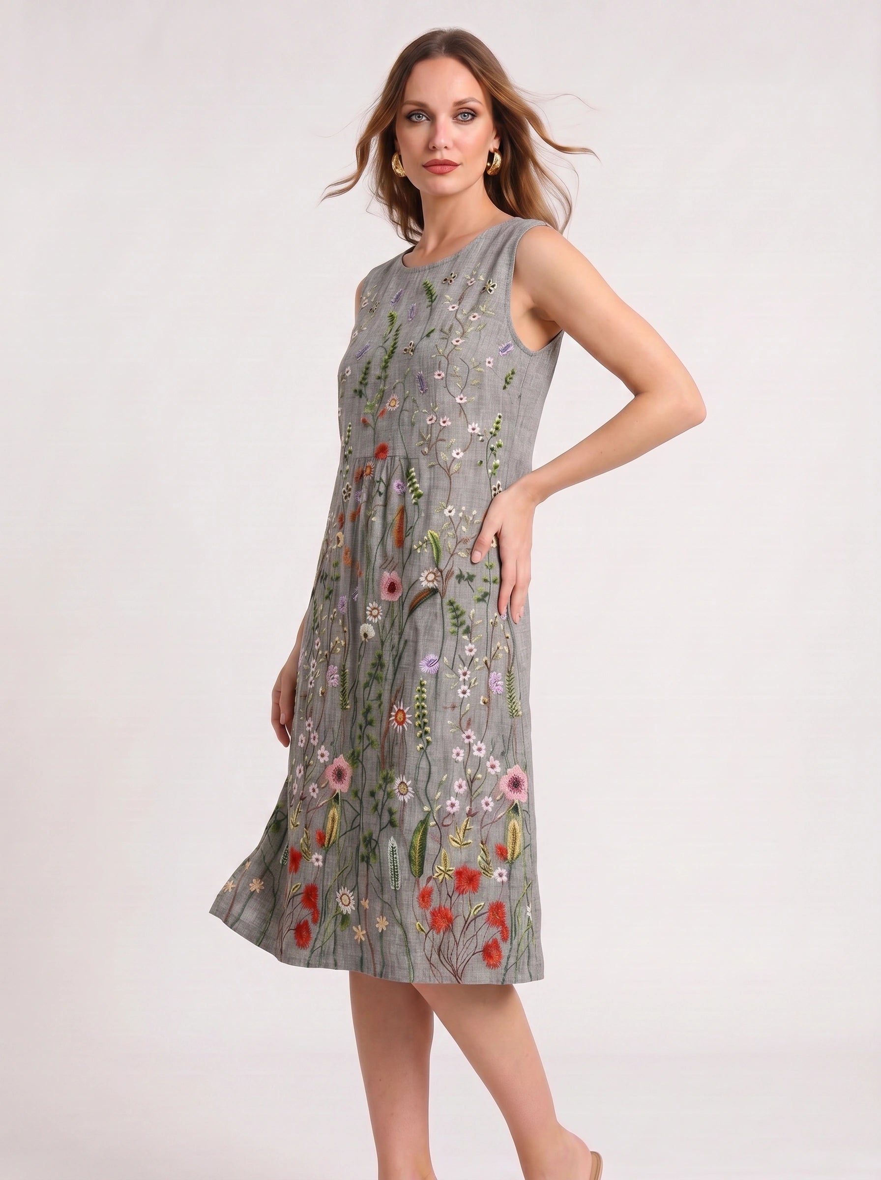 Pratoflor Embroidered Sleeveless Midi Dress – Floral Linen Blend Women Cocktail Formal Wedding Guest