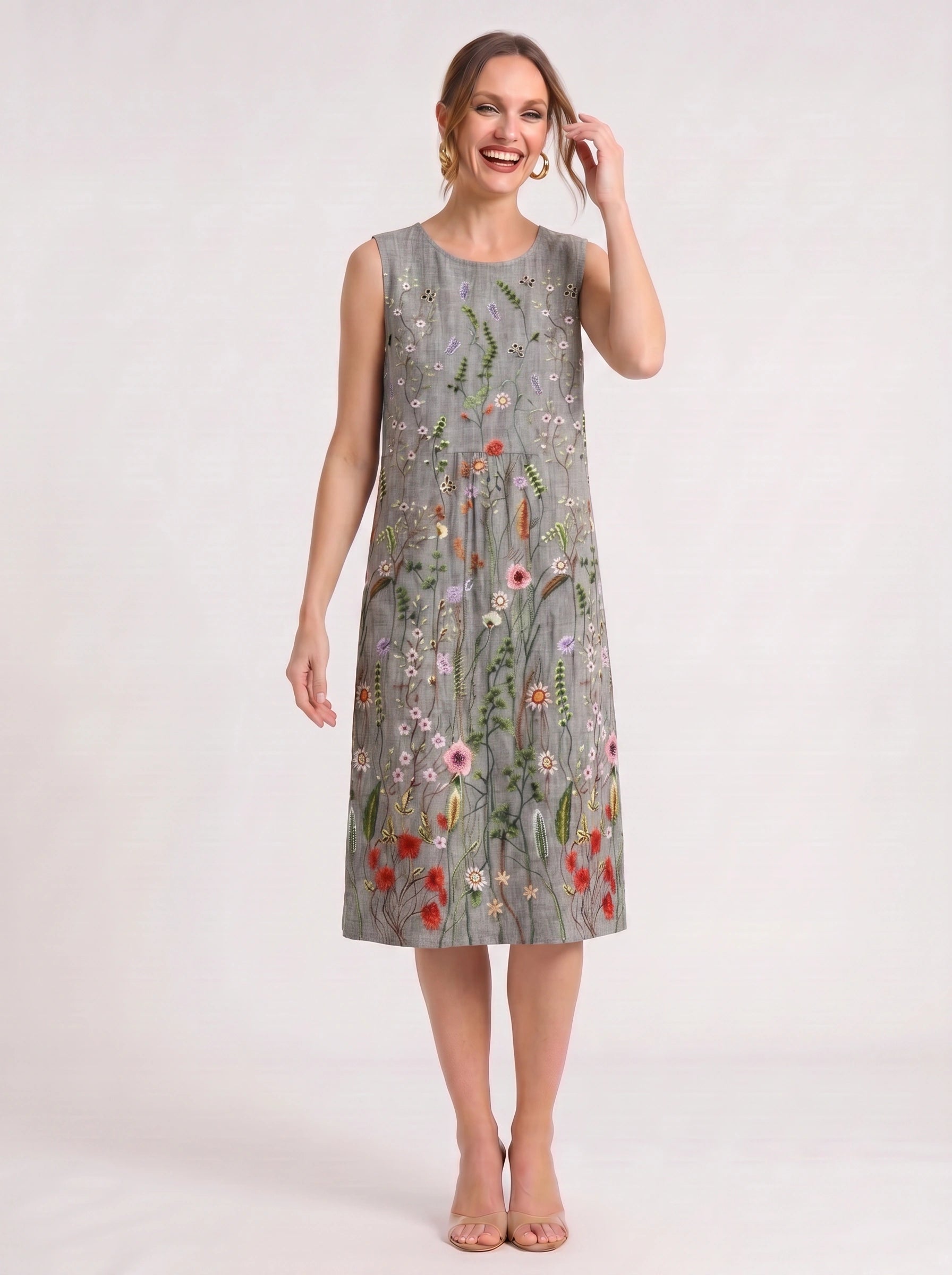 Pratoflor Embroidered Sleeveless Midi Dress – Floral Linen Blend Women Cocktail Formal Wedding Guest