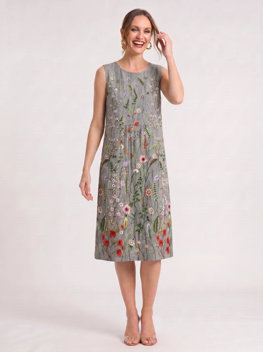 Pratoflor Embroidered Sleeveless Midi Dress – Floral Linen Blend Women Cocktail Formal Wedding Guest