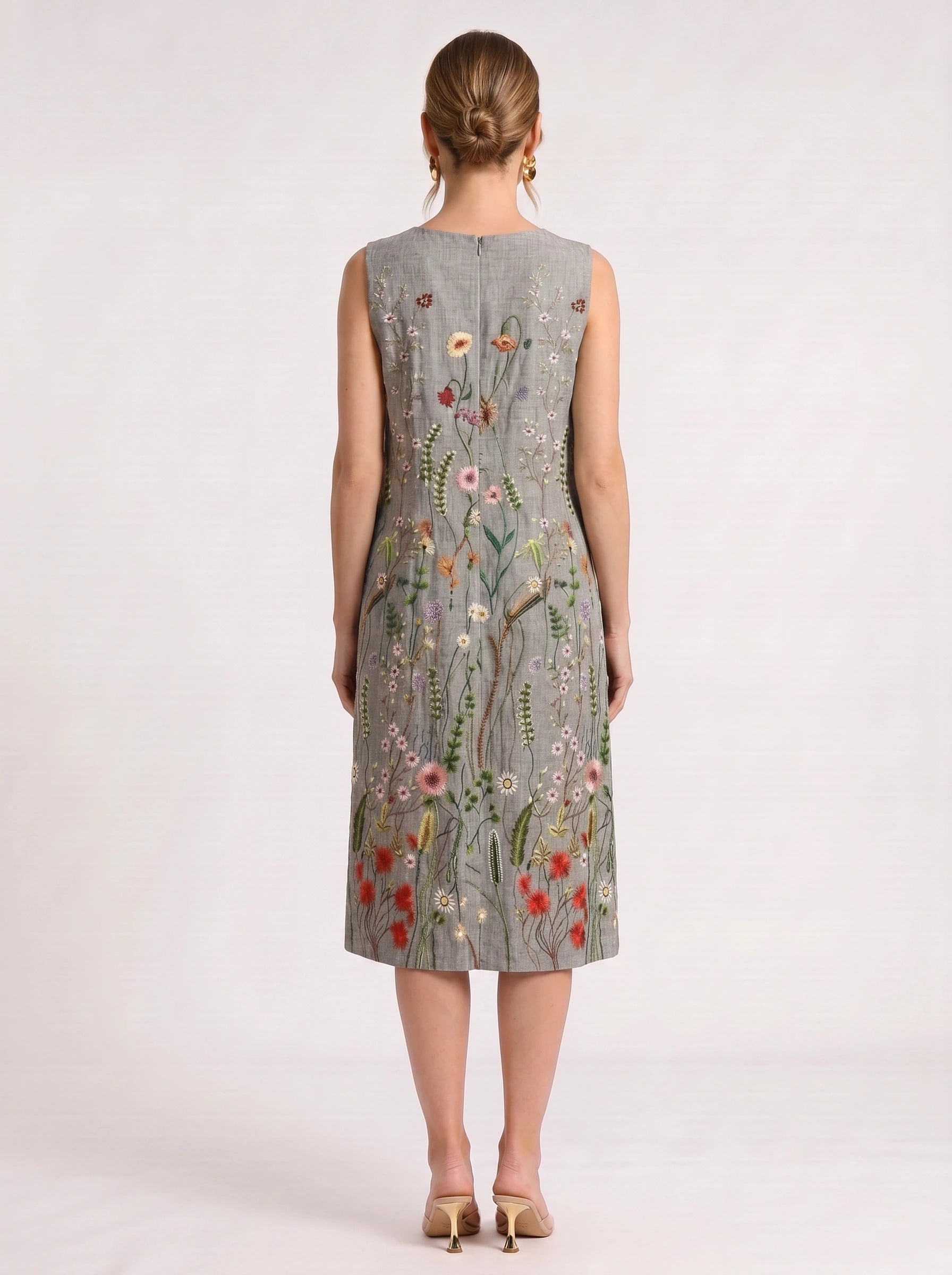 Pratoflor Embroidered Sleeveless Midi Dress – Floral Linen Blend Women Cocktail Formal Wedding Guest