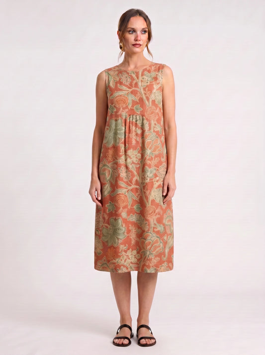 Fioriola Empire-Waist Sleeveless Midi Dress – Coral Floral Print Linen Women Casual Summer Tunic Midi Dress