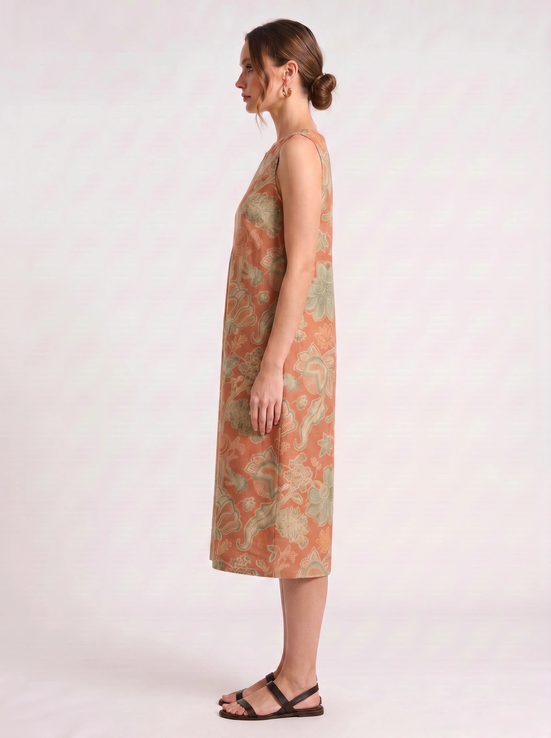 Fioriola Empire-Waist Sleeveless Midi Dress – Coral Floral Print Linen Women Casual Summer Tunic Midi Dress