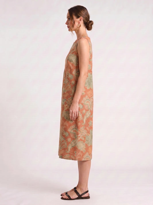 Fioriola Empire-Waist Sleeveless Midi Dress – Coral Floral Print Linen Women Casual Summer Tunic Midi Dress