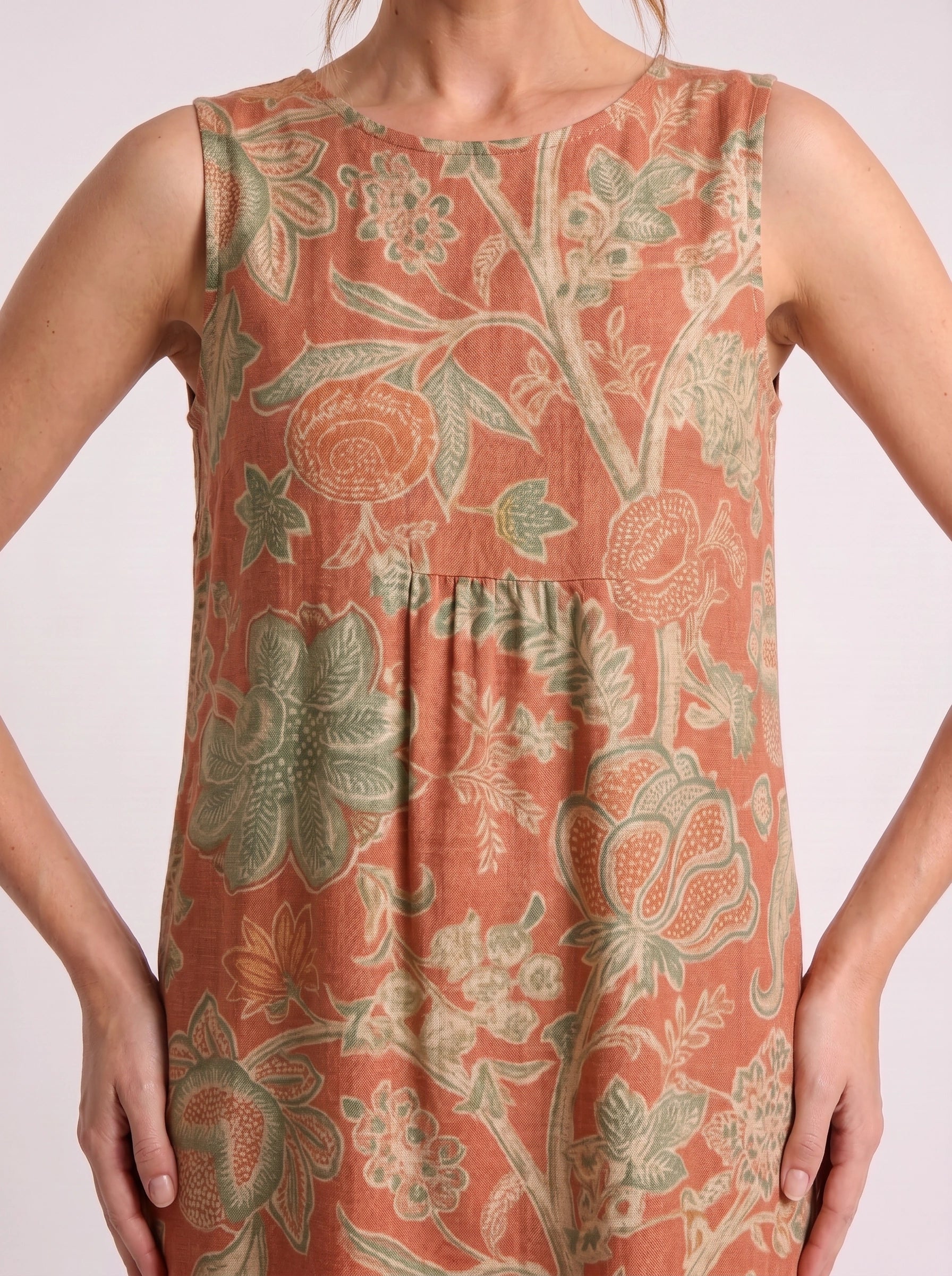 Fioriola Empire-Waist Sleeveless Midi Dress – Coral Floral Print Linen Women Casual Summer Tunic Midi Dress