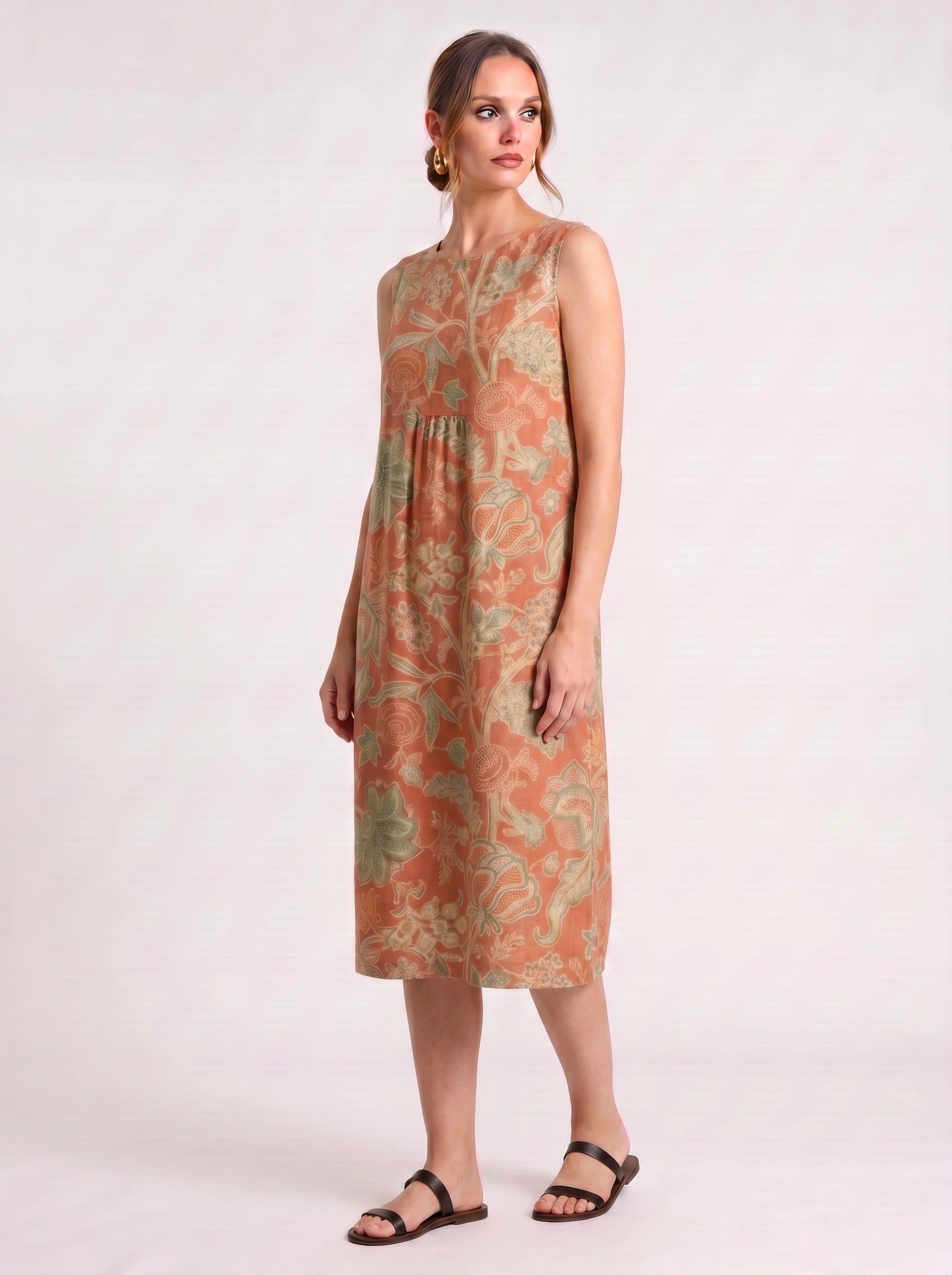Fioriola Empire-Waist Sleeveless Midi Dress – Coral Floral Print Linen Women Casual Summer Tunic Midi Dress