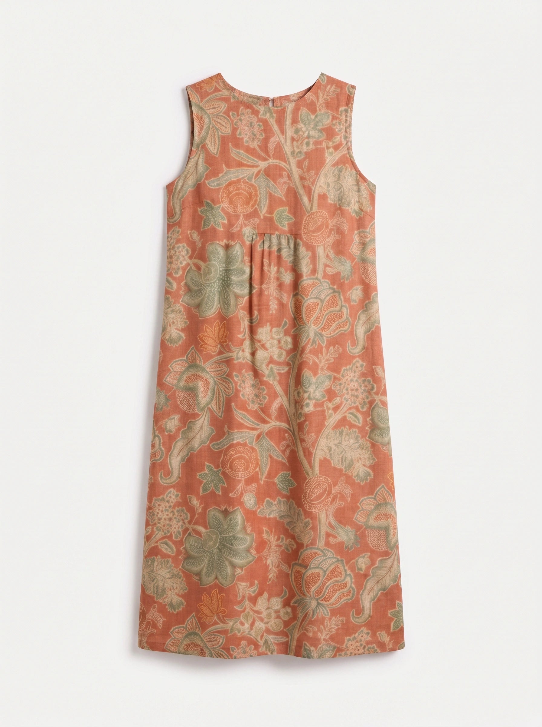 Fioriola Empire-Waist Sleeveless Midi Dress – Coral Floral Print Linen Women Casual Summer Tunic Midi Dress