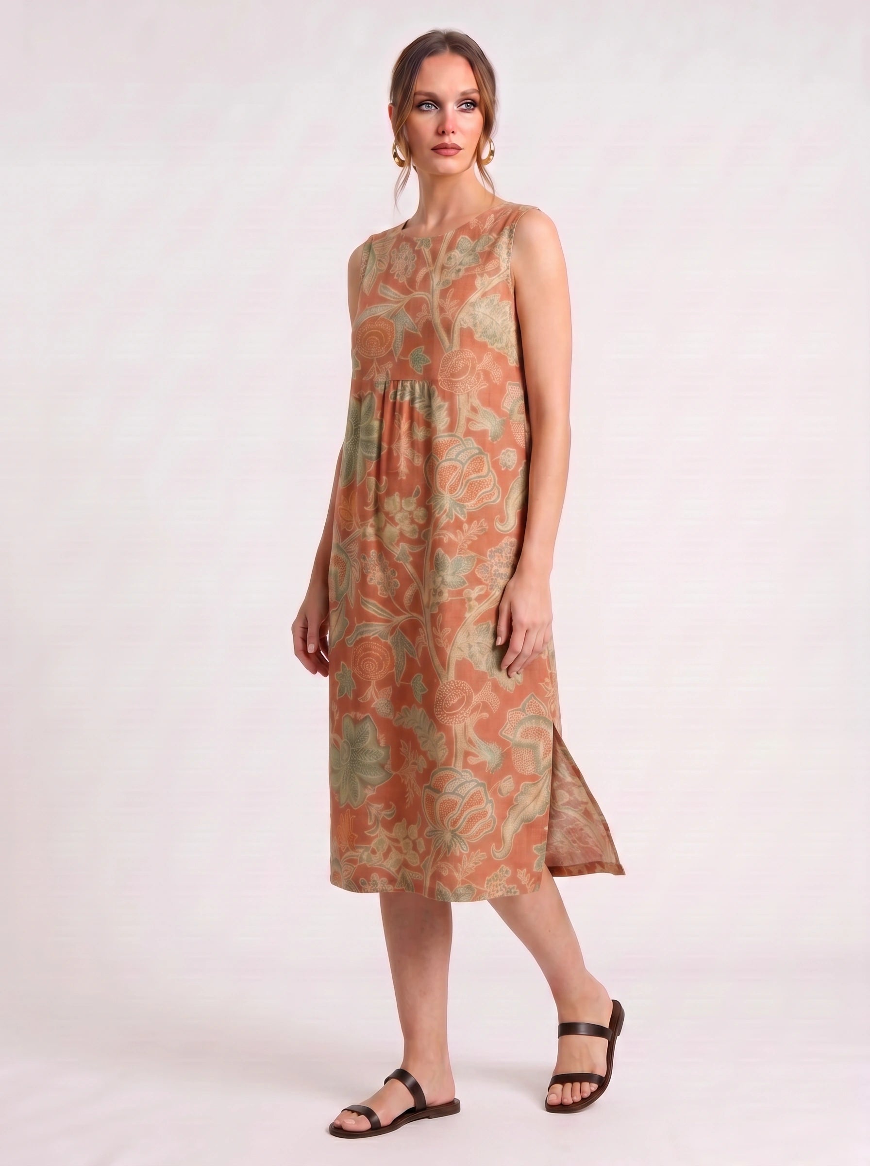 Fioriola Empire-Waist Sleeveless Midi Dress – Coral Floral Print Linen Women Casual Summer Tunic Midi Dress