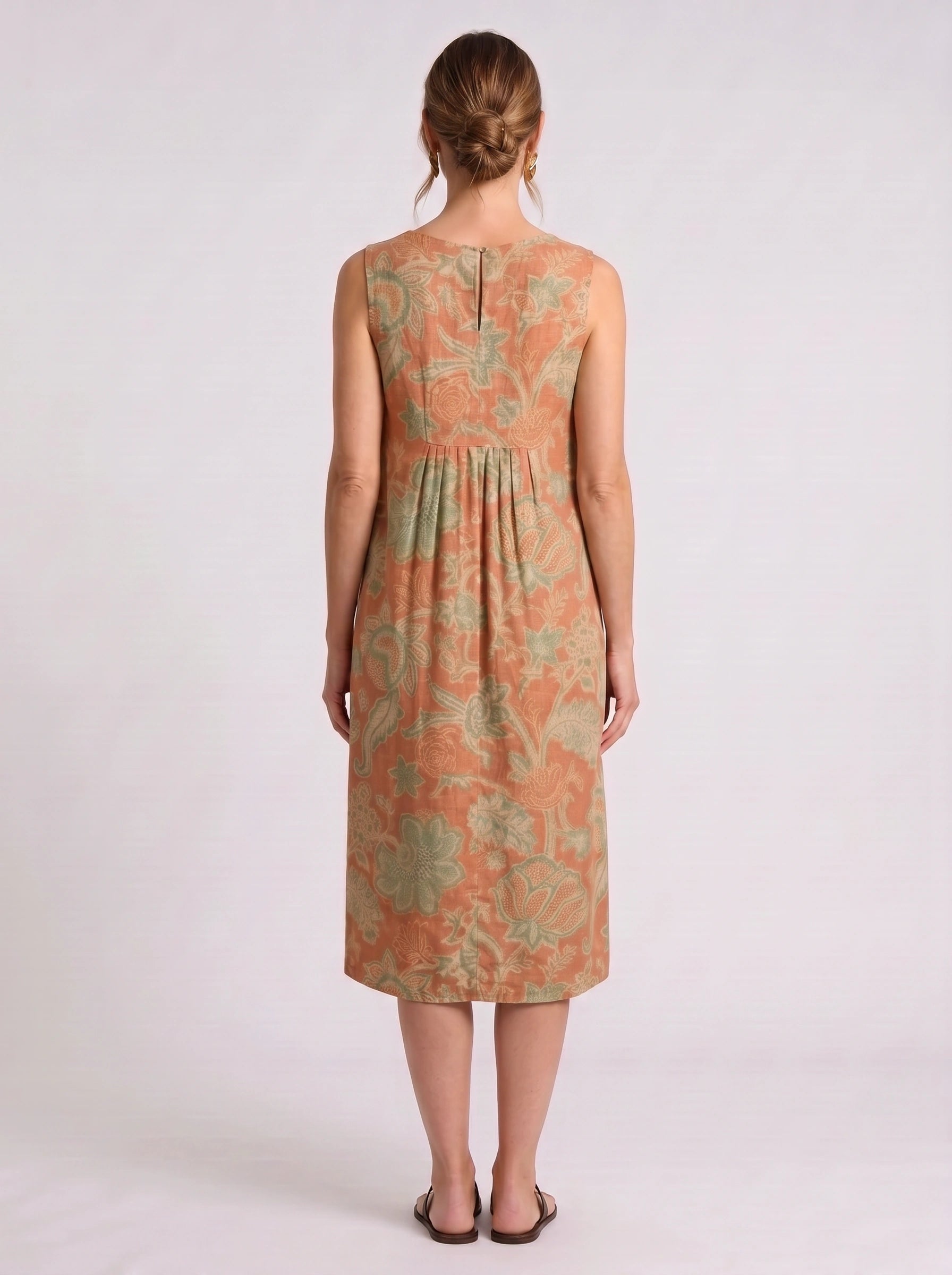 Fioriola Empire-Waist Sleeveless Midi Dress – Coral Floral Print Linen Women Casual Summer Tunic Midi Dress