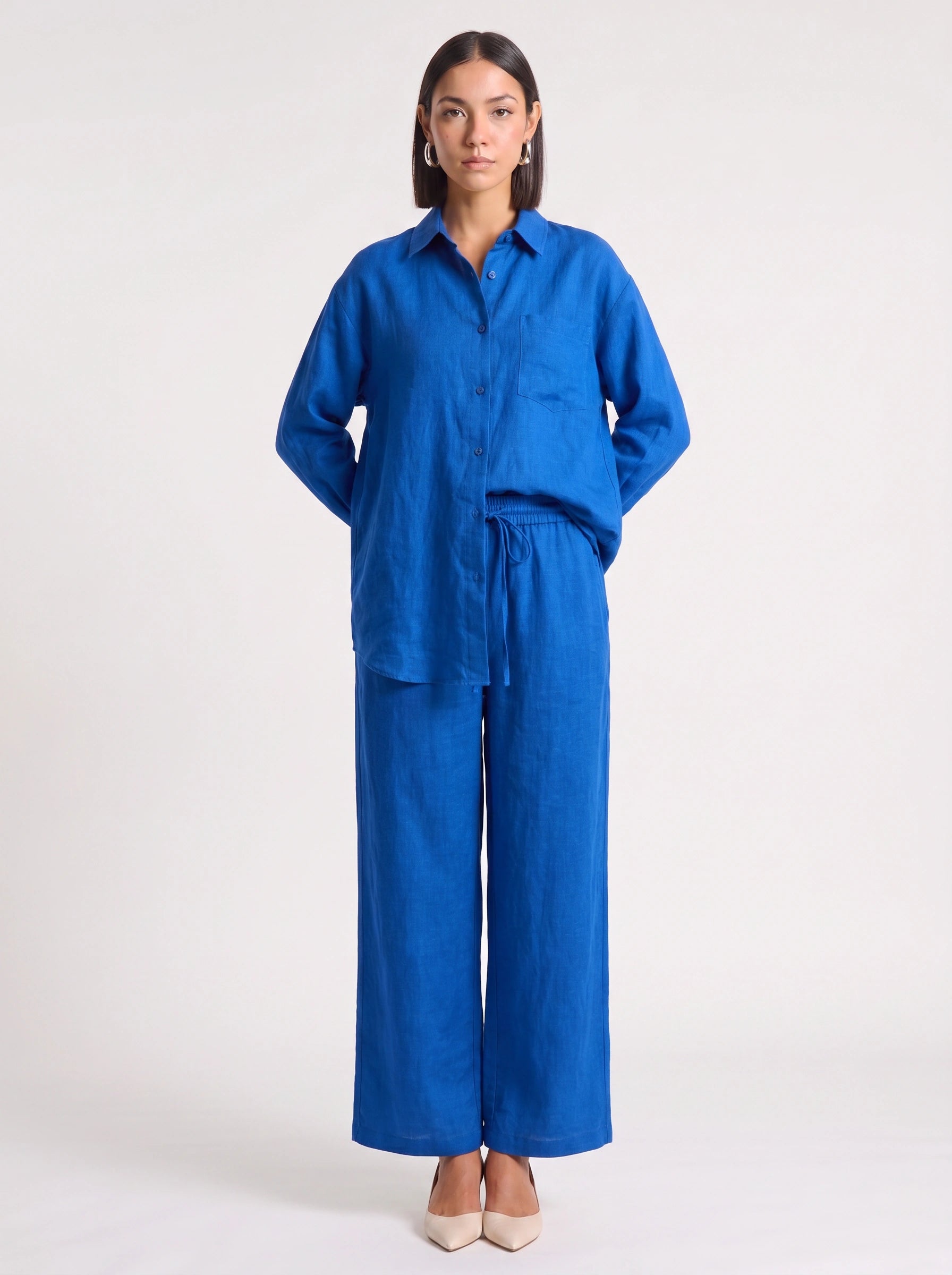 Azzurro Oversized Linen Shirt Wide-Leg Trouser Co-Ord Set – Women Two Piece Linen Shirt Pants Set Casual Resort Vacation Loungewear