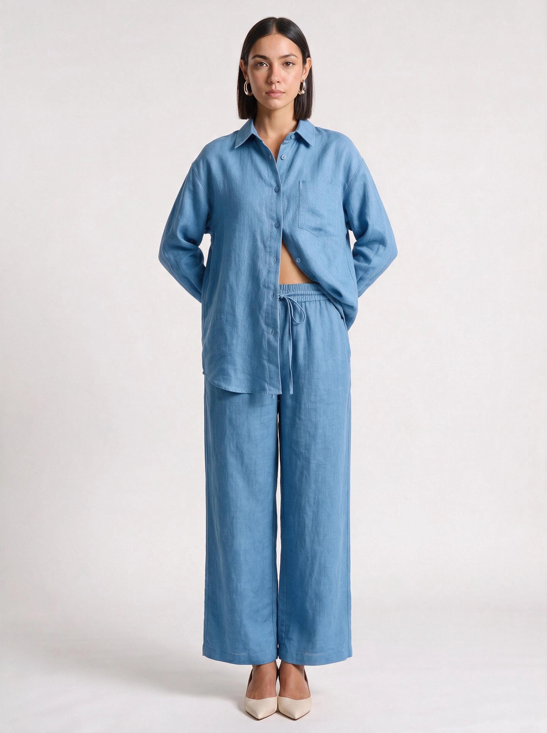 Azzurro Oversized Linen Shirt Wide-Leg Trouser Co-Ord Set – Women Two Piece Linen Shirt Pants Set Casual Resort Vacation Loungewear