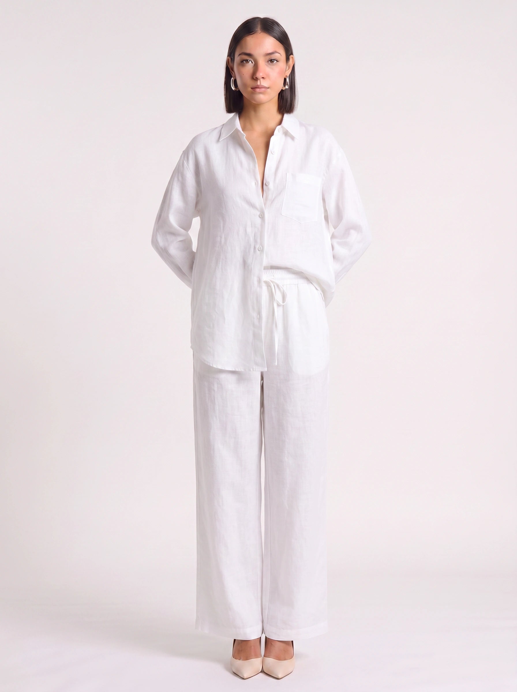 Azzurro Oversized Linen Shirt Wide-Leg Trouser Co-Ord Set – Women Two Piece Linen Shirt Pants Set Casual Resort Vacation Loungewear