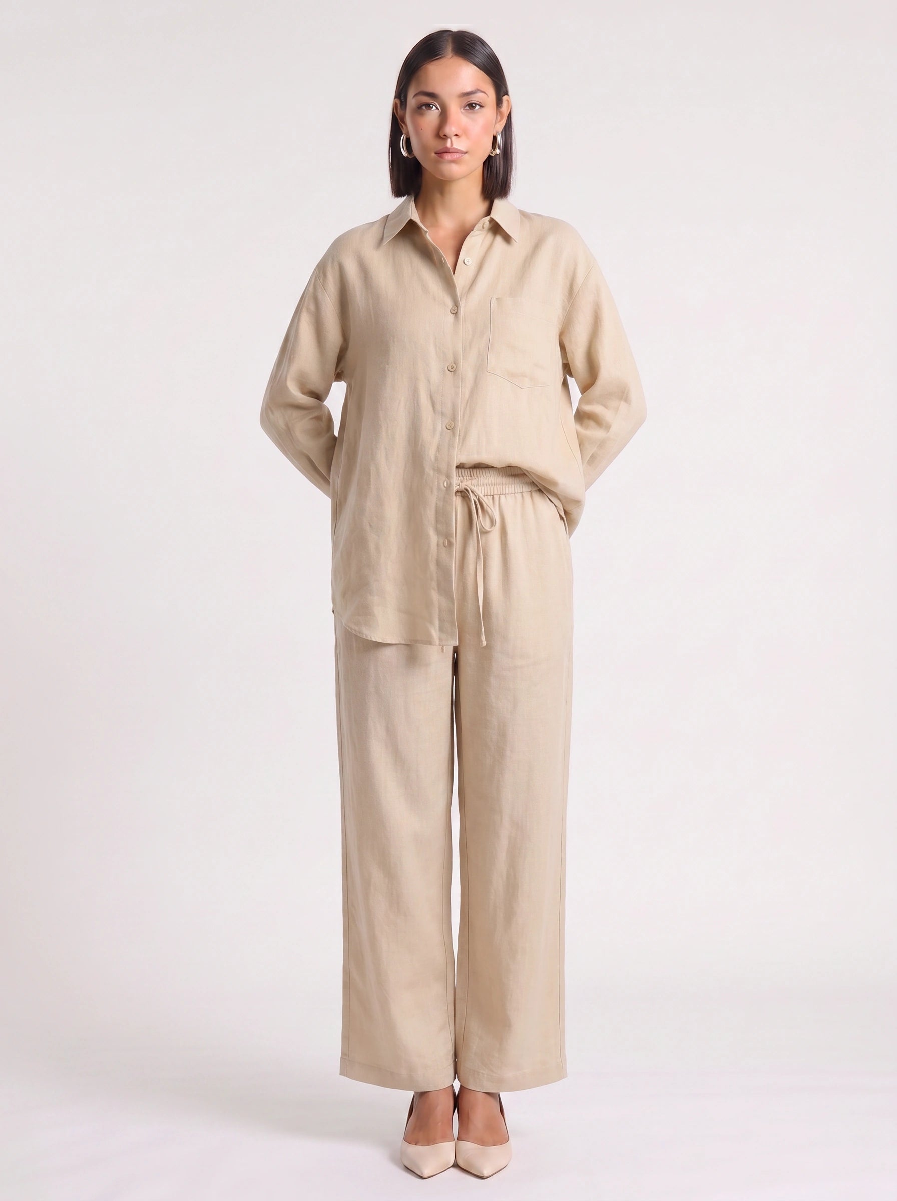 Azzurro Oversized Linen Shirt Wide-Leg Trouser Co-Ord Set – Women Two Piece Linen Shirt Pants Set Casual Resort Vacation Loungewear