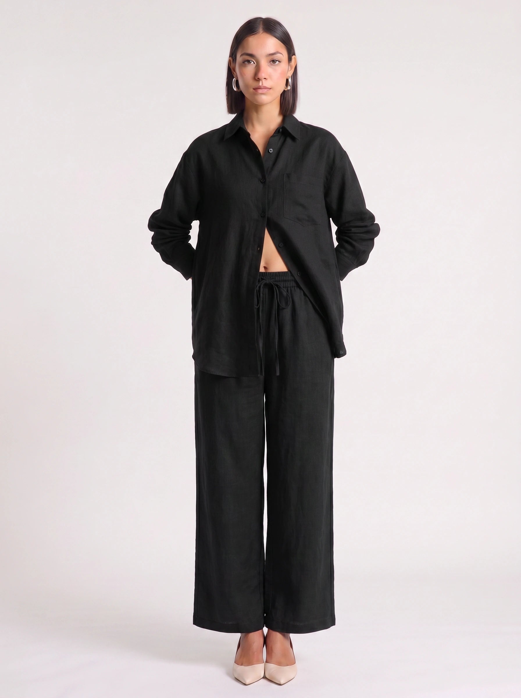 Azzurro Oversized Linen Shirt Wide-Leg Trouser Co-Ord Set – Women Two Piece Linen Shirt Pants Set Casual Resort Vacation Loungewear
