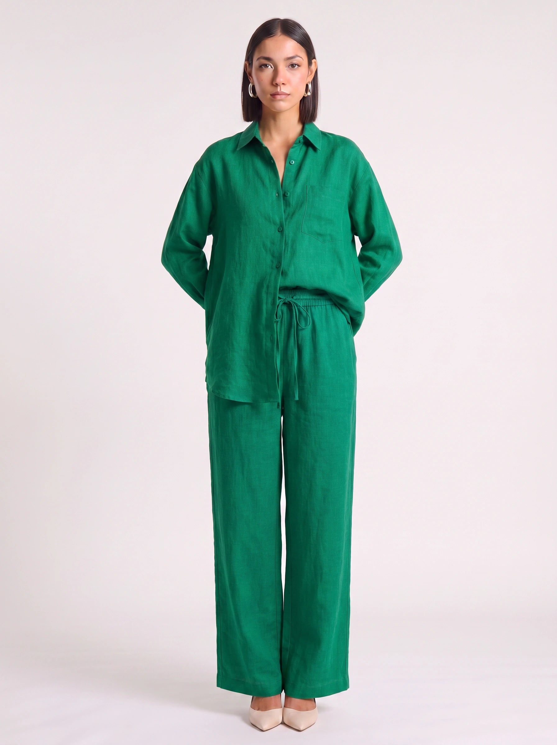 Azzurro Oversized Linen Shirt Wide-Leg Trouser Co-Ord Set – Women Two Piece Linen Shirt Pants Set Casual Resort Vacation Loungewear