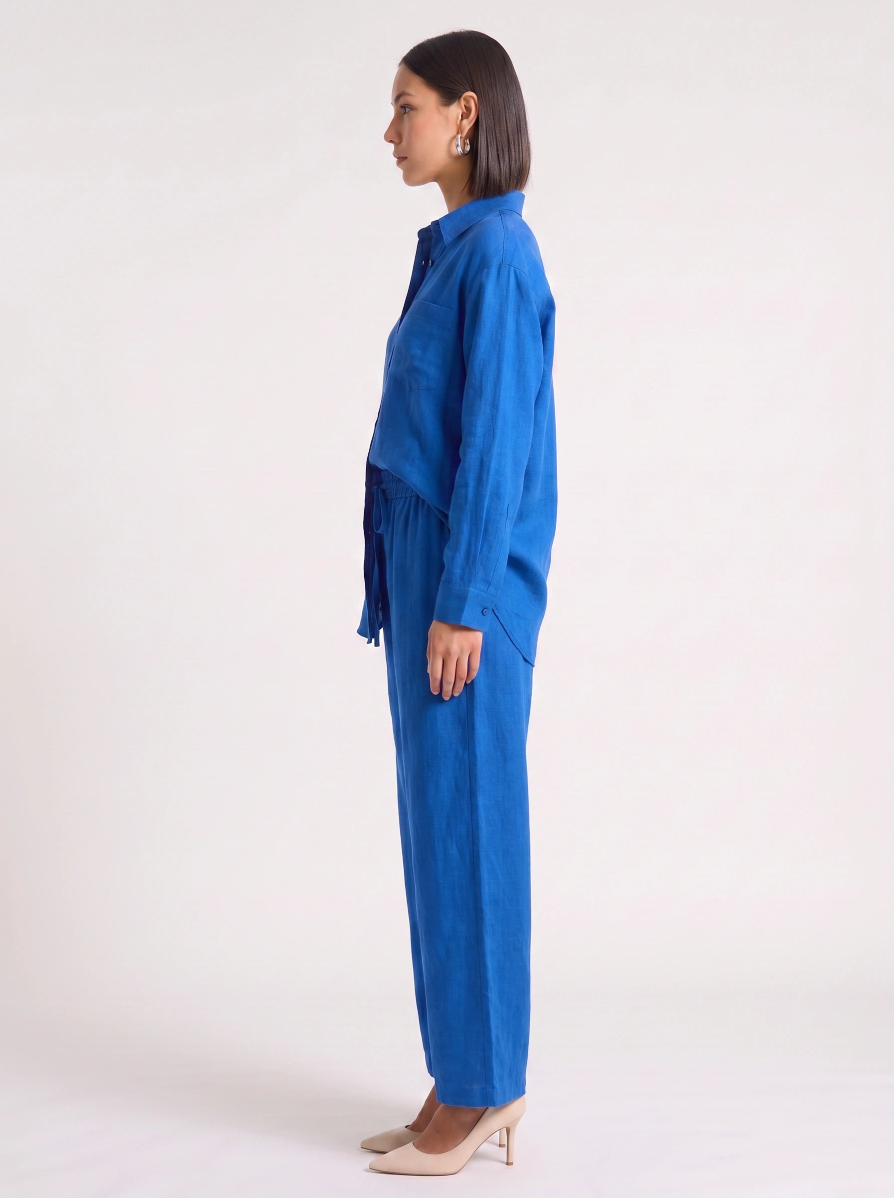Azzurro Oversized Linen Shirt Wide-Leg Trouser Co-Ord Set – Women Two Piece Linen Shirt Pants Set Casual Resort Vacation Loungewear