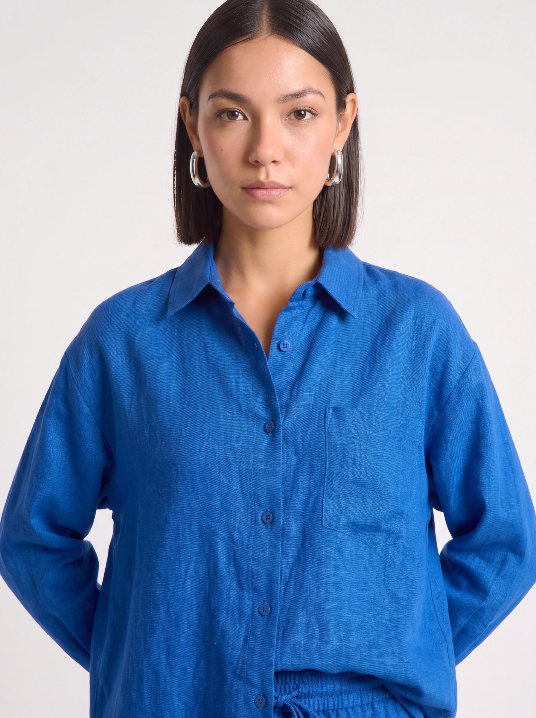 Azzurro Oversized Linen Shirt Wide-Leg Trouser Co-Ord Set – Women Two Piece Linen Shirt Pants Set Casual Resort Vacation Loungewear