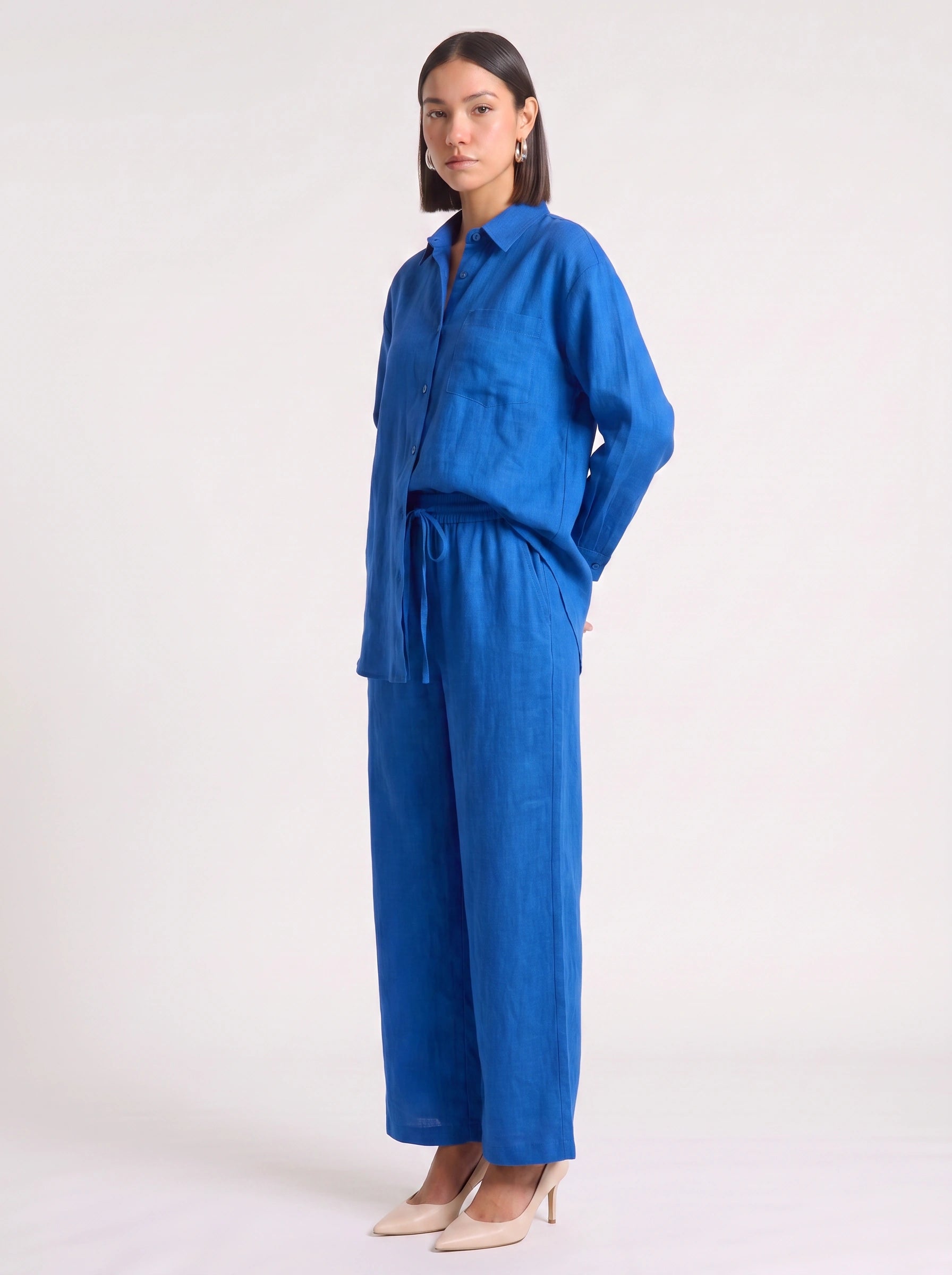 Azzurro Oversized Linen Shirt Wide-Leg Trouser Co-Ord Set – Women Two Piece Linen Shirt Pants Set Casual Resort Vacation Loungewear