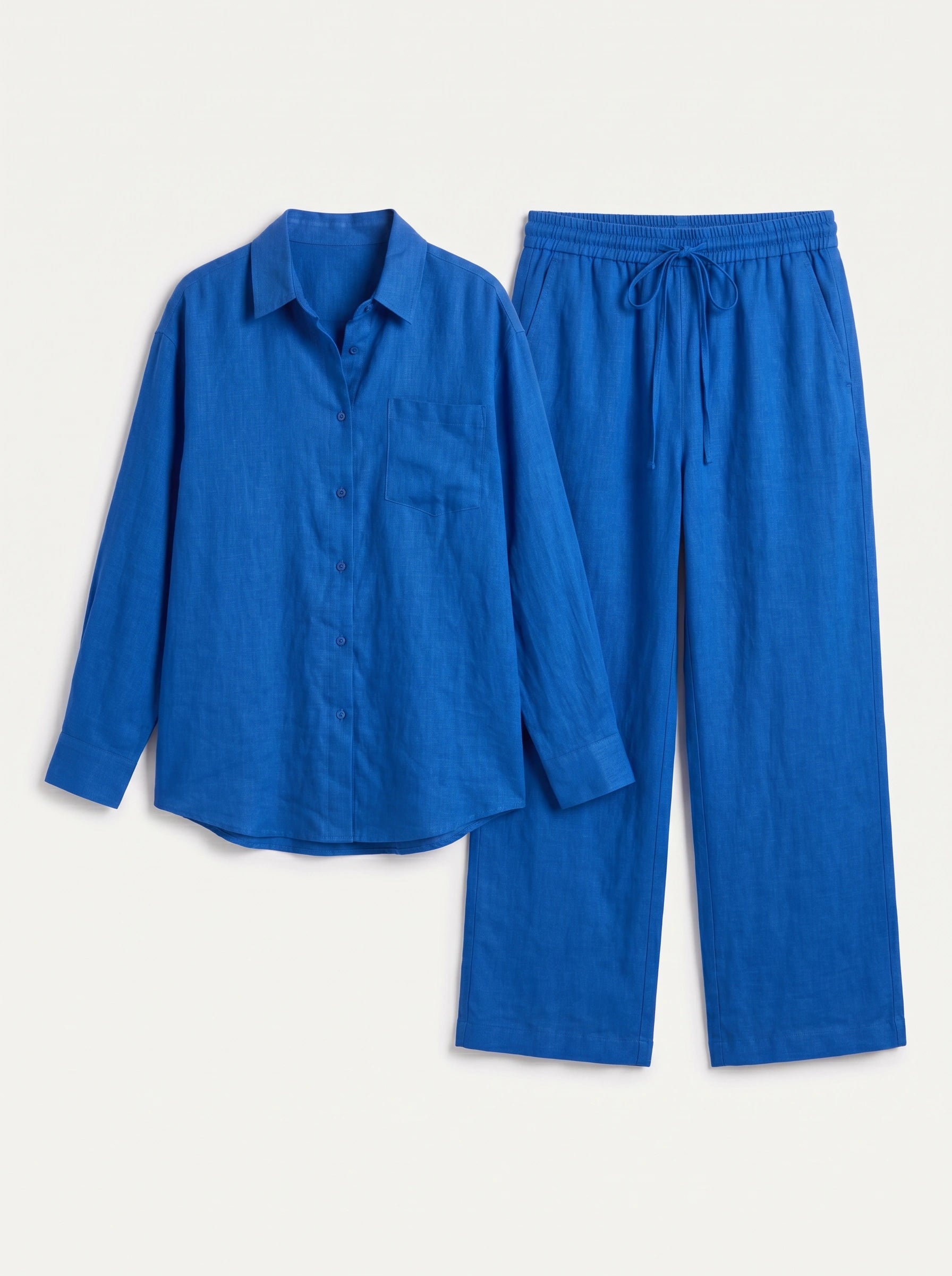 Azzurro Oversized Linen Shirt Wide-Leg Trouser Co-Ord Set – Women Two Piece Linen Shirt Pants Set Casual Resort Vacation Loungewear