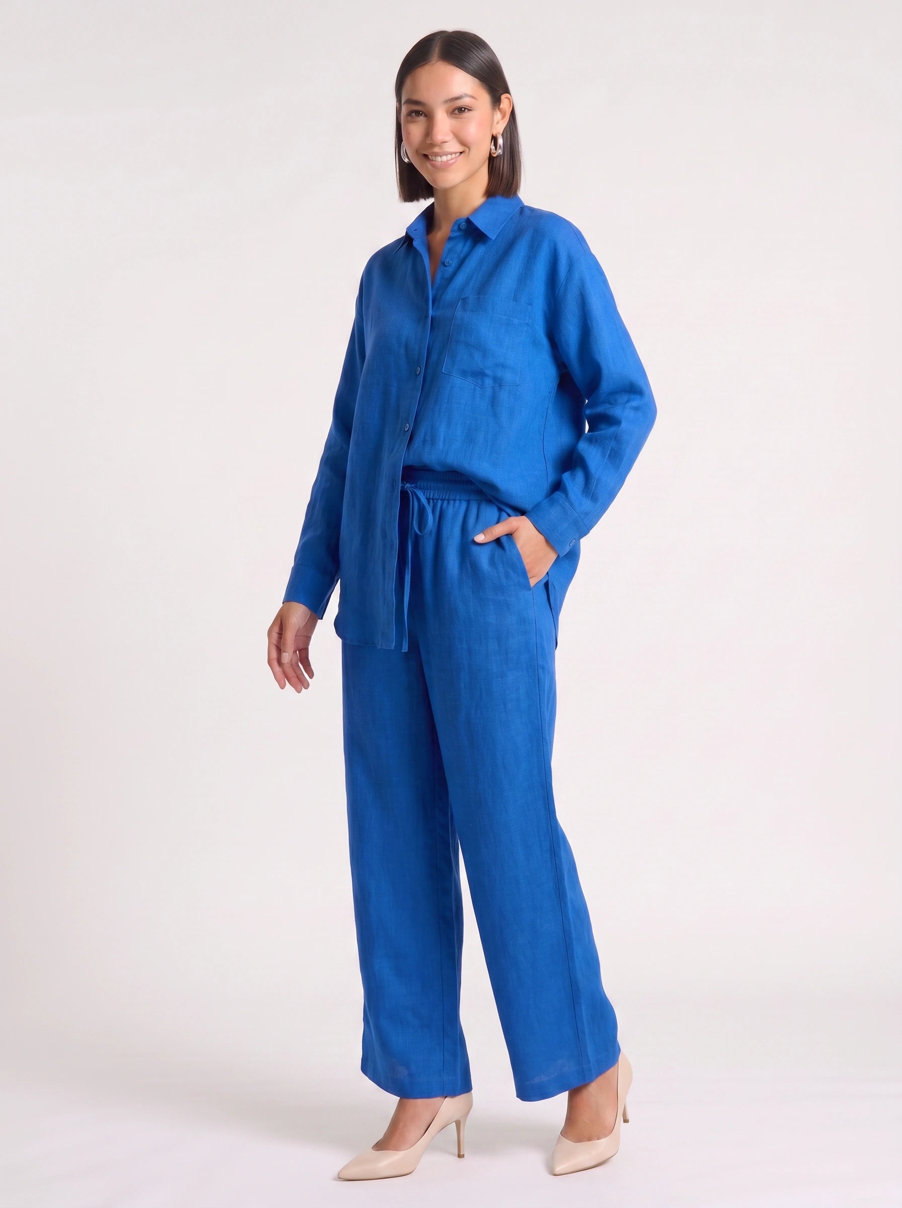 Azzurro Oversized Linen Shirt Wide-Leg Trouser Co-Ord Set – Women Two Piece Linen Shirt Pants Set Casual Resort Vacation Loungewear