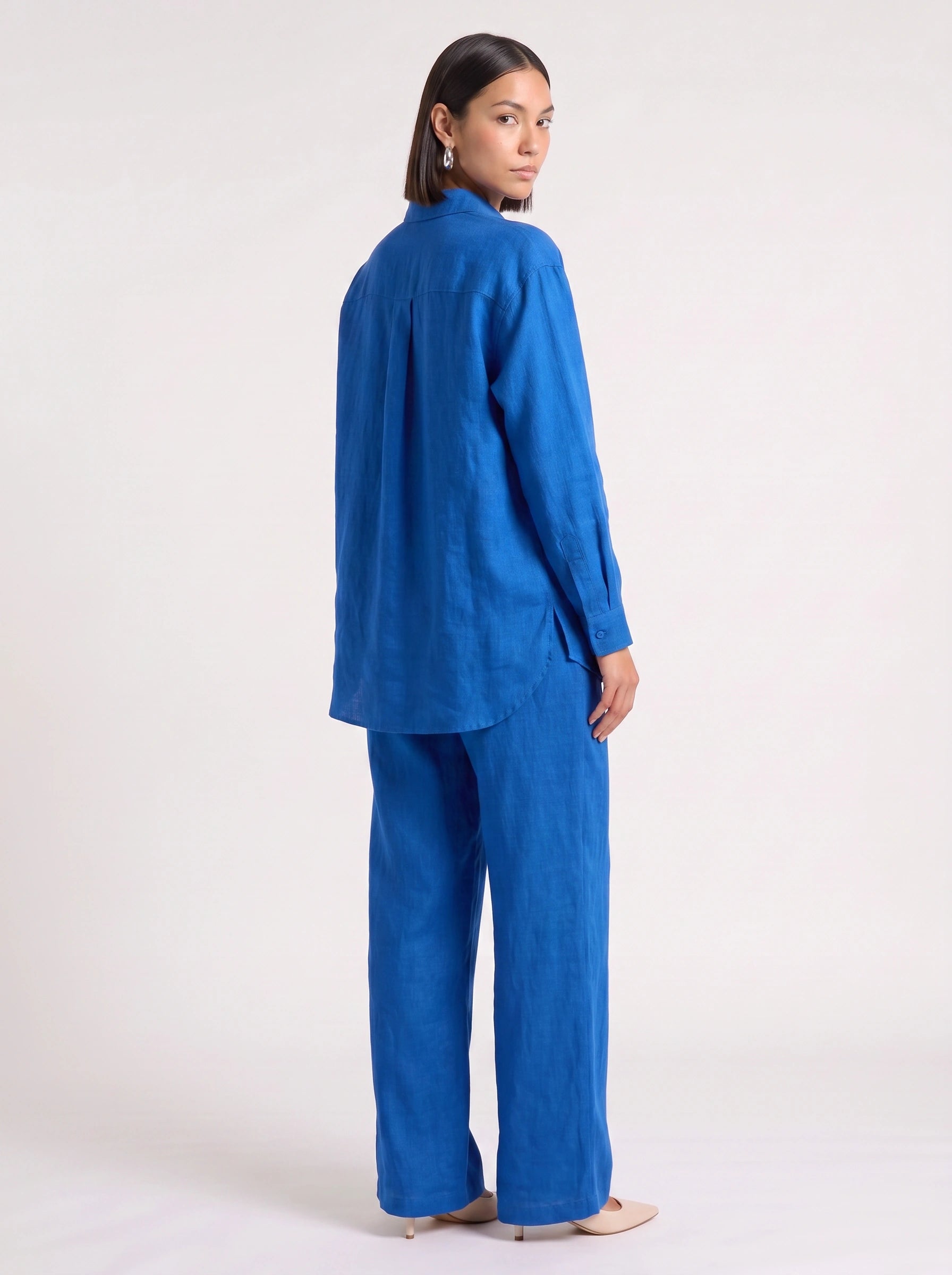 Azzurro Oversized Linen Shirt Wide-Leg Trouser Co-Ord Set – Women Two Piece Linen Shirt Pants Set Casual Resort Vacation Loungewear
