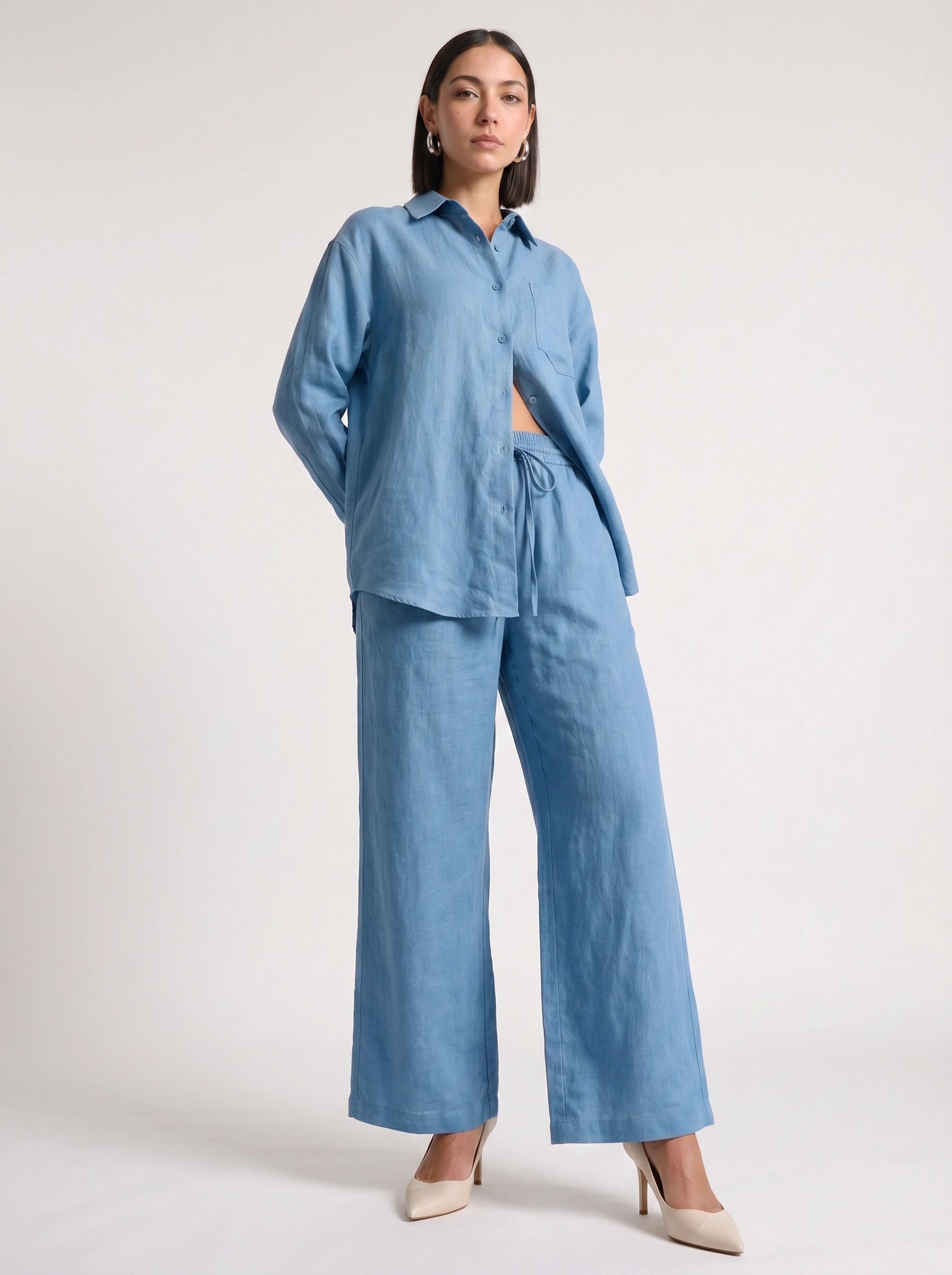 Azzurro Oversized Linen Shirt Wide-Leg Trouser Co-Ord Set – Women Two Piece Linen Shirt Pants Set Casual Resort Vacation Loungewear
