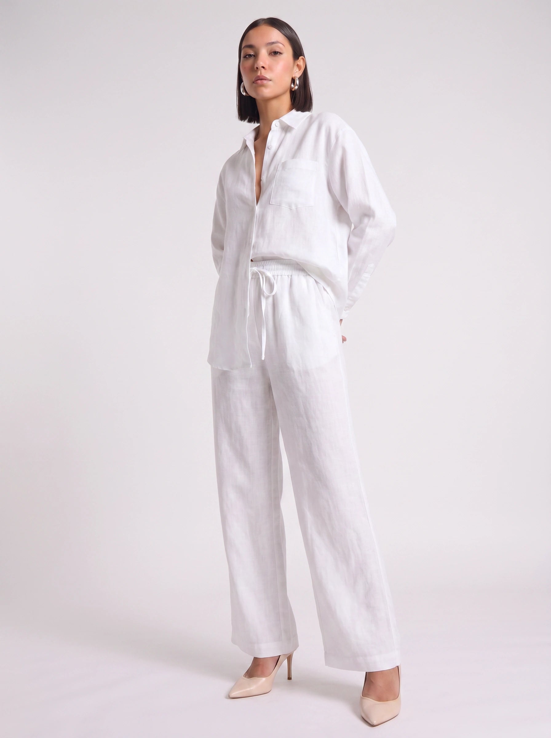 Azzurro Oversized Linen Shirt Wide-Leg Trouser Co-Ord Set – Women Two Piece Linen Shirt Pants Set Casual Resort Vacation Loungewear