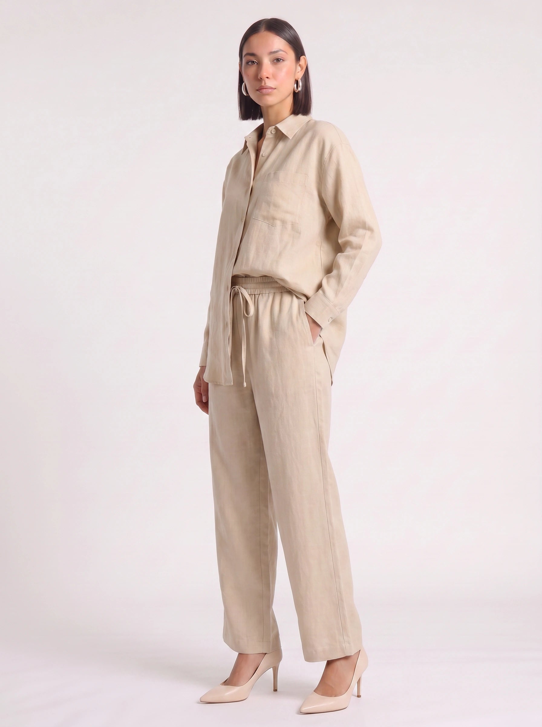 Azzurro Oversized Linen Shirt Wide-Leg Trouser Co-Ord Set – Women Two Piece Linen Shirt Pants Set Casual Resort Vacation Loungewear
