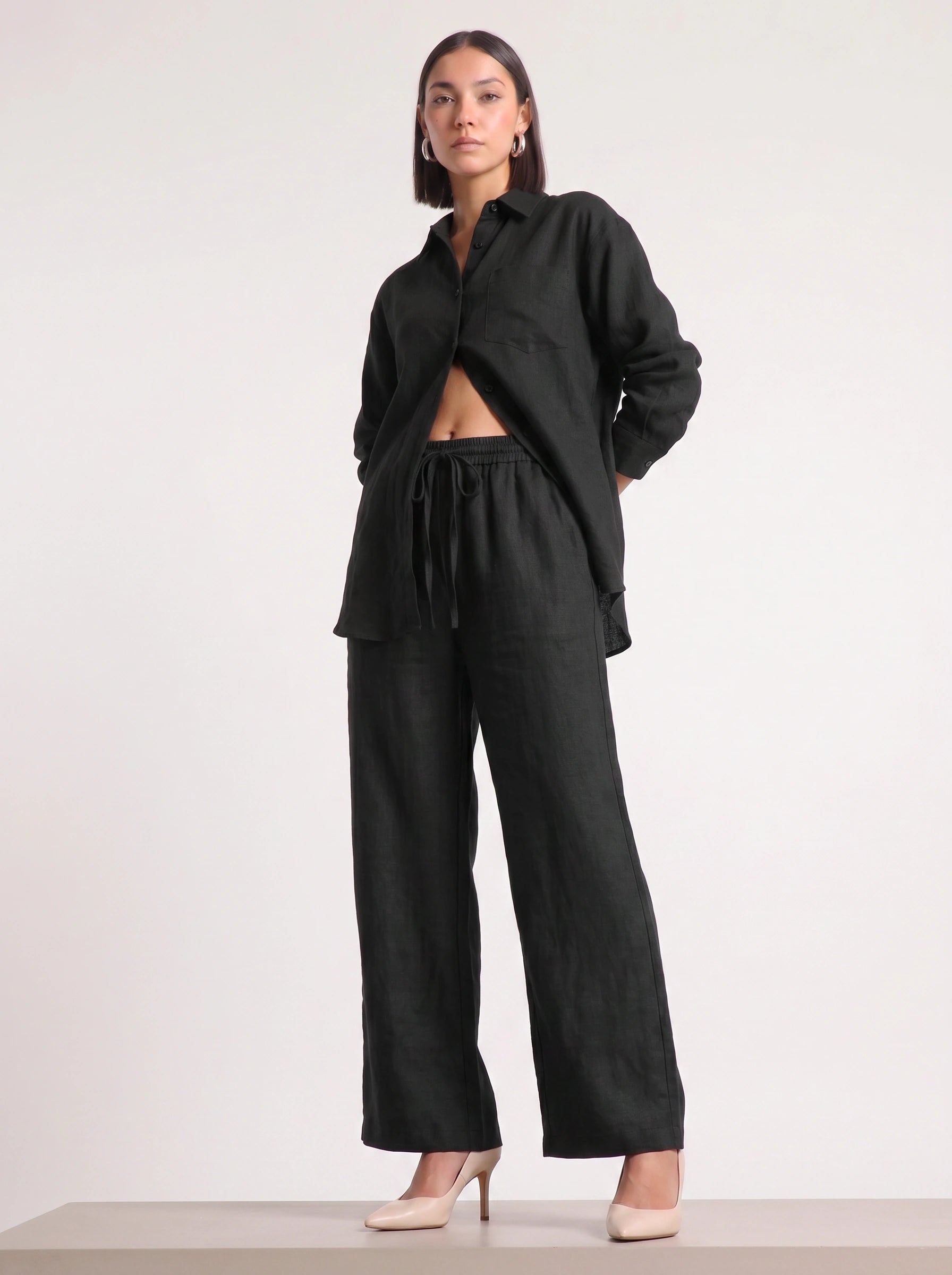 Azzurro Oversized Linen Shirt Wide-Leg Trouser Co-Ord Set – Women Two Piece Linen Shirt Pants Set Casual Resort Vacation Loungewear
